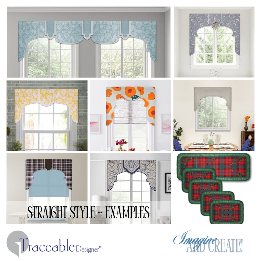 Traceable Designer arched no-sew rod pocket valance kit. Lined Lambrequin cornice styles are great for room darkening. Traceable design forms are the perfect sewing alternative for DIY projects. Use a standard curtain rod. Fit all window sizes.
