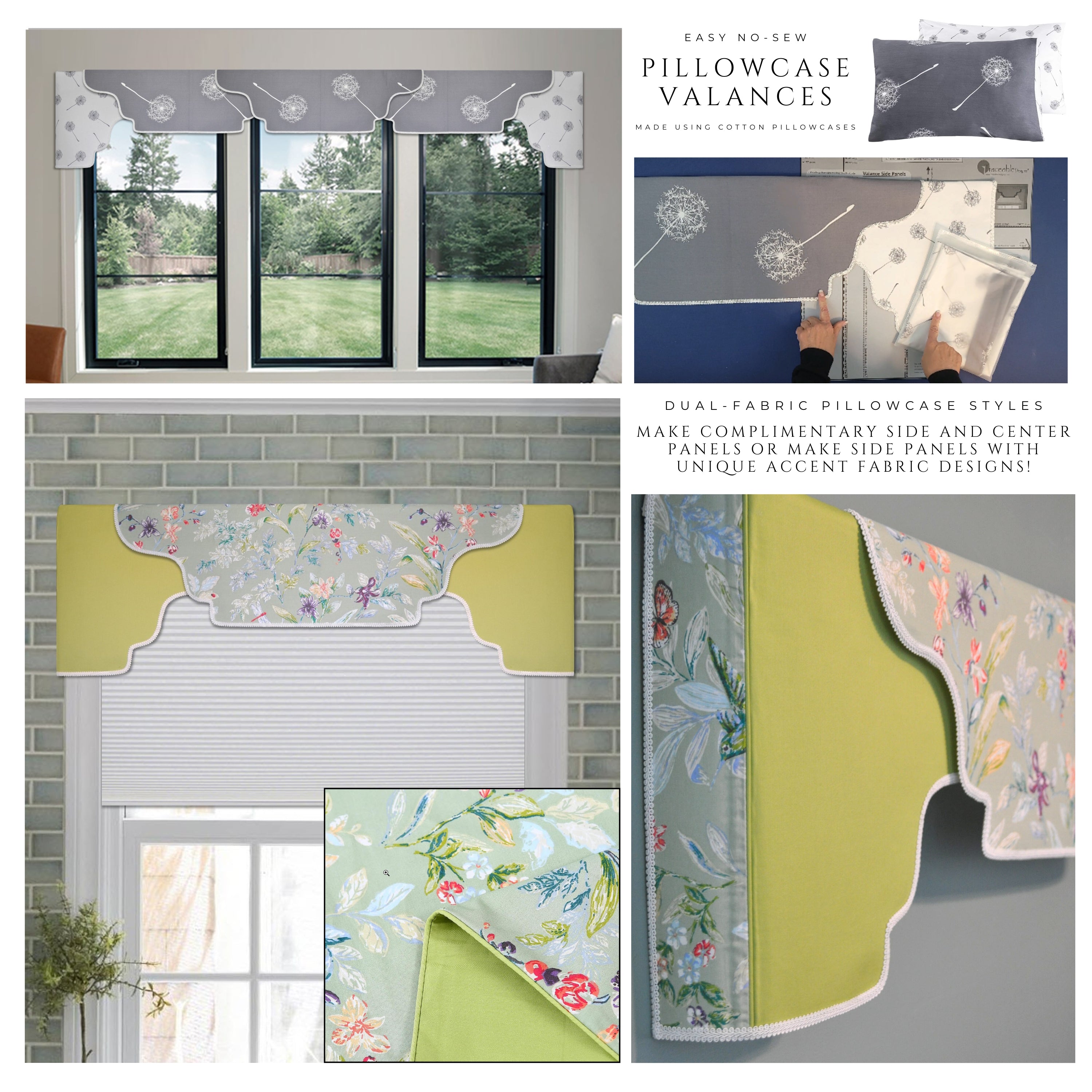 Traceable Designer arched style no-sew cornice valance kit inlcudes traceable valance design forms. Use pillowcases to make custom valances without sewing. Use a 2.5" wide pocket curtain rod.