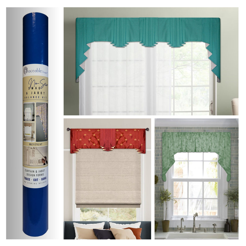 Traceable Designer no-sew pleated and gathered swag & jabot valance kit. Make custom long jabots styles, short curtains, and cornice valances without sewing. Lined panels include a rod pocket for hanging on a curtain rod. Fit all window sizes and styles. The ultimate sewing alternative. 