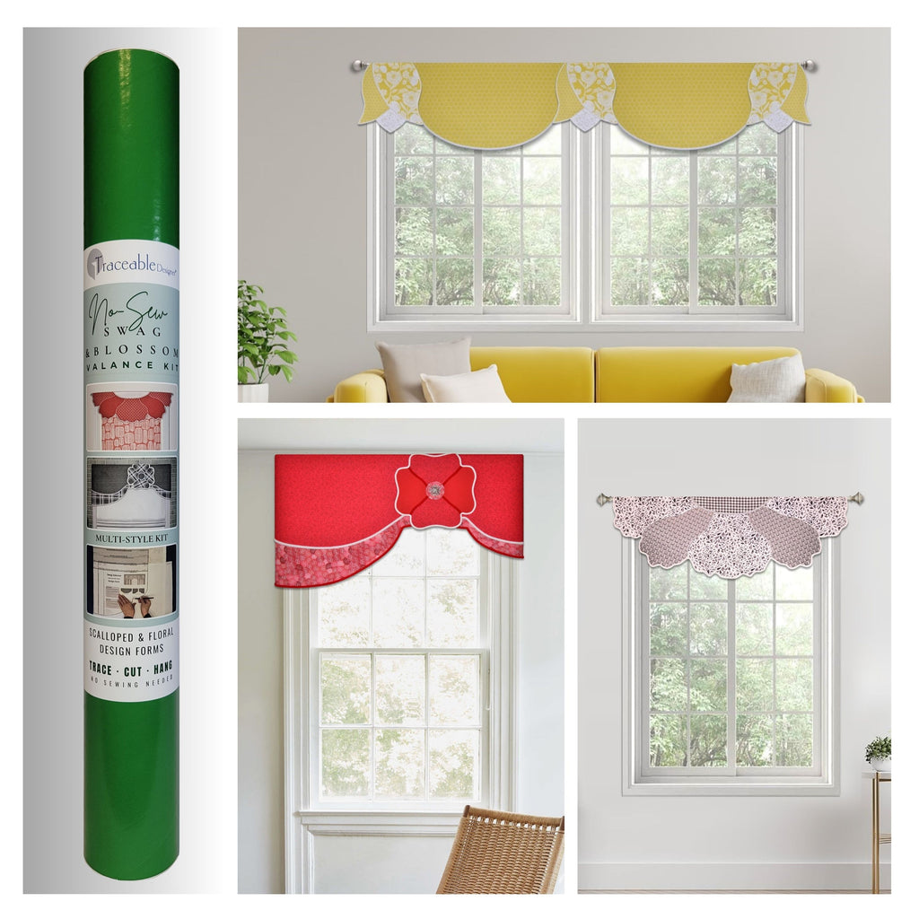 Make unique flower valances, swag scarf curtains, and cornice style window treatments without using a sewing machine! Traceable Designer swag, scarf, and blossom valance kit includes traceable valance design forms to help you transform any fabric into professional-looking custom valances without sewing. Hang valances using standard curtain rods. 