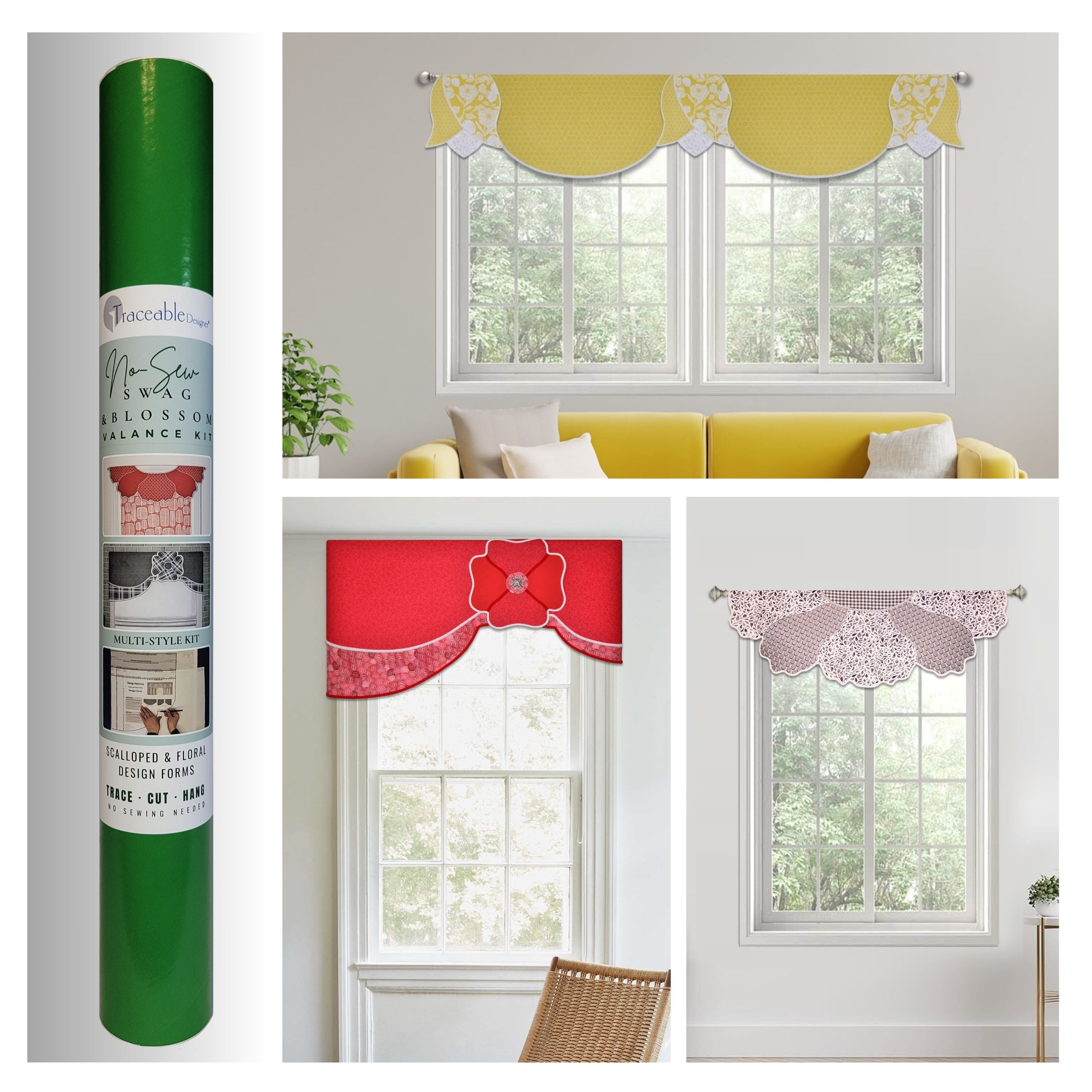 Make unique flower valances, swag scarf curtains, and cornice style window treatments without using a sewing machine! Traceable Designer swag, scarf, and blossom valance kit includes traceable valance design forms to help you transform any fabric into professional-looking custom valances without sewing. Hang valances using standard curtain rods. 