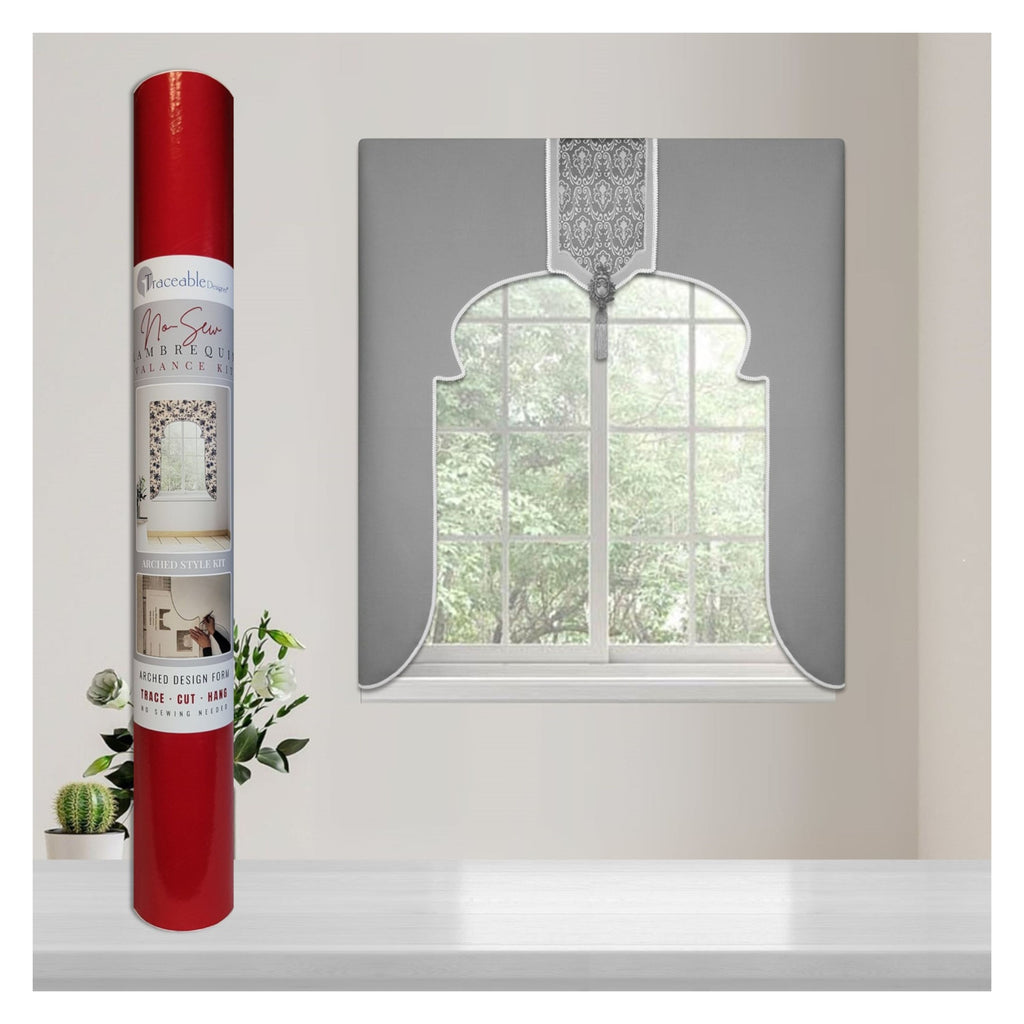 Traceable Designer arched no-sew rod pocket valance kit. Lined Lambrequin cornice styles are great for room darkening. Traceable design forms are the perfect sewing alternative for DIY projects. Usard curtain rod. Fit all window sizes.
