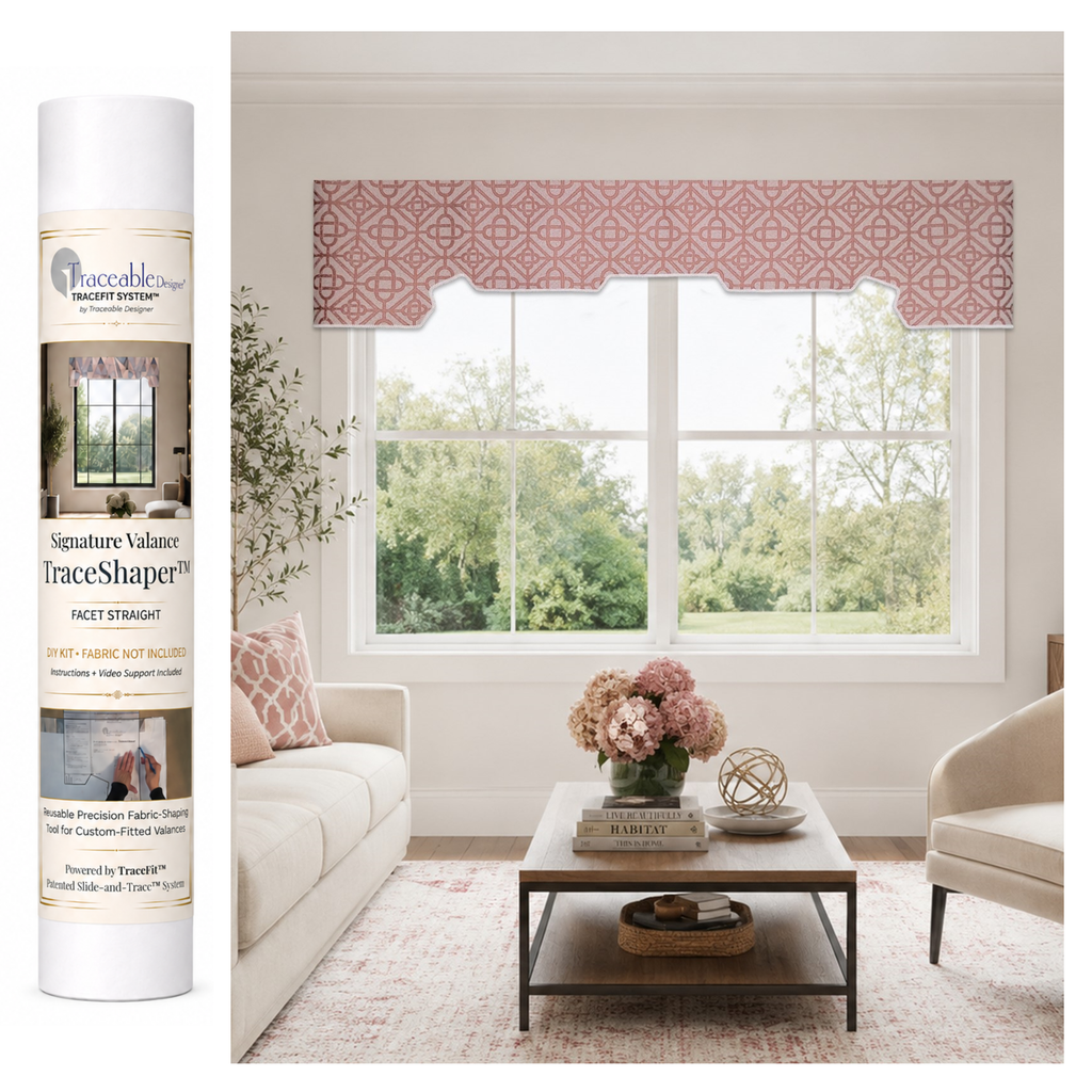 Signature Facet Straight TraceShaper™ Valance Kit shown with packaging tube and finished straight valance displayed in a designer room setting. DIY no-sew valance kit for creating a custom-fitted window treatment using your own fabric.
