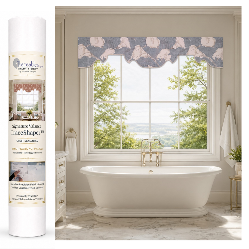 Signature Crest Scalloped TraceShaper™ Valance Kit shown with a no-sew custom scalloped fabric valance over a bathtub.