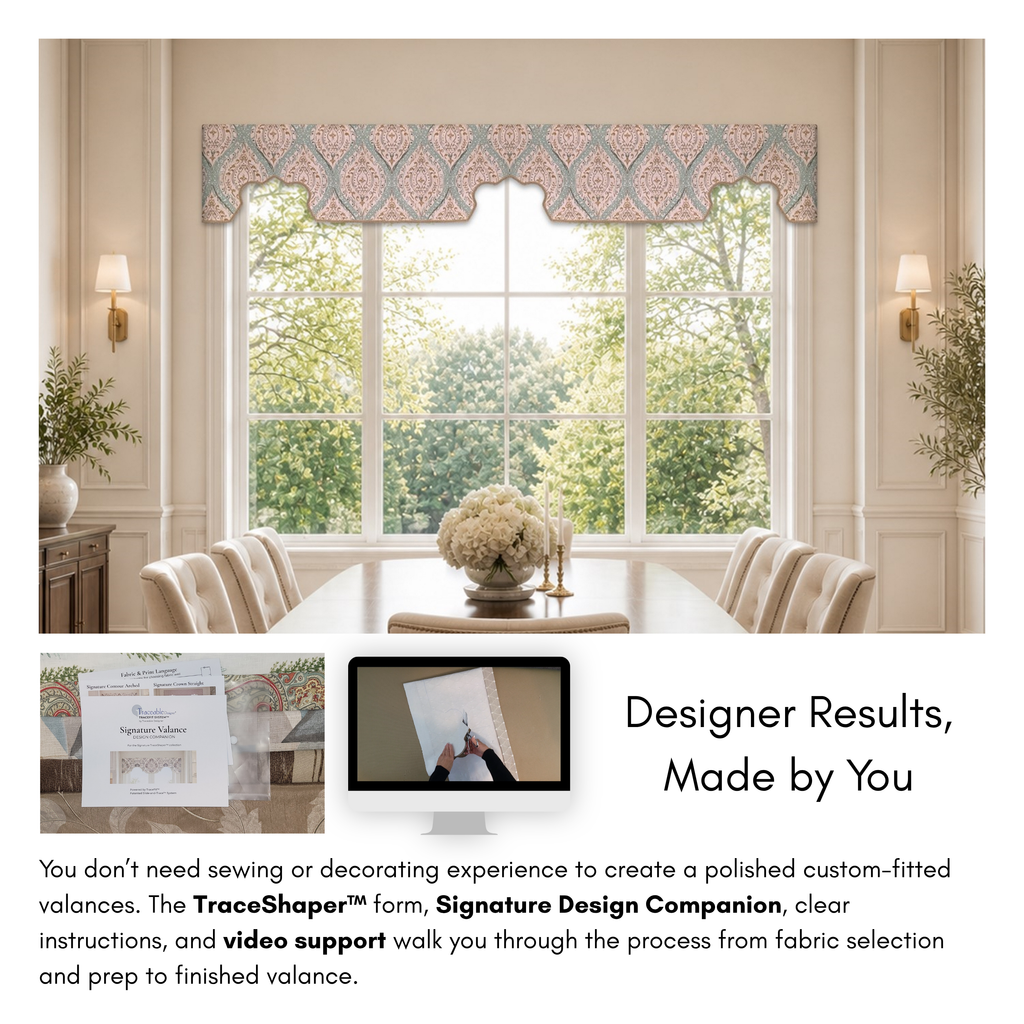 Signature Crown Straight valance style options showing centered crown details, repeated crown sections, and custom-fitted no-sew fabric shaping possibilities.