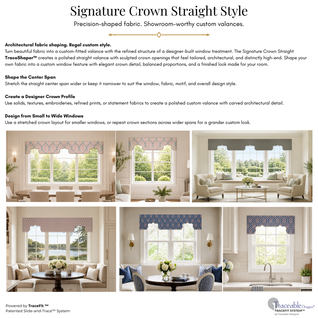 Signature Crown Straight valance style options showing centered crown details, repeated crown sections, and custom-fitted no-sew fabric shaping possibilities.