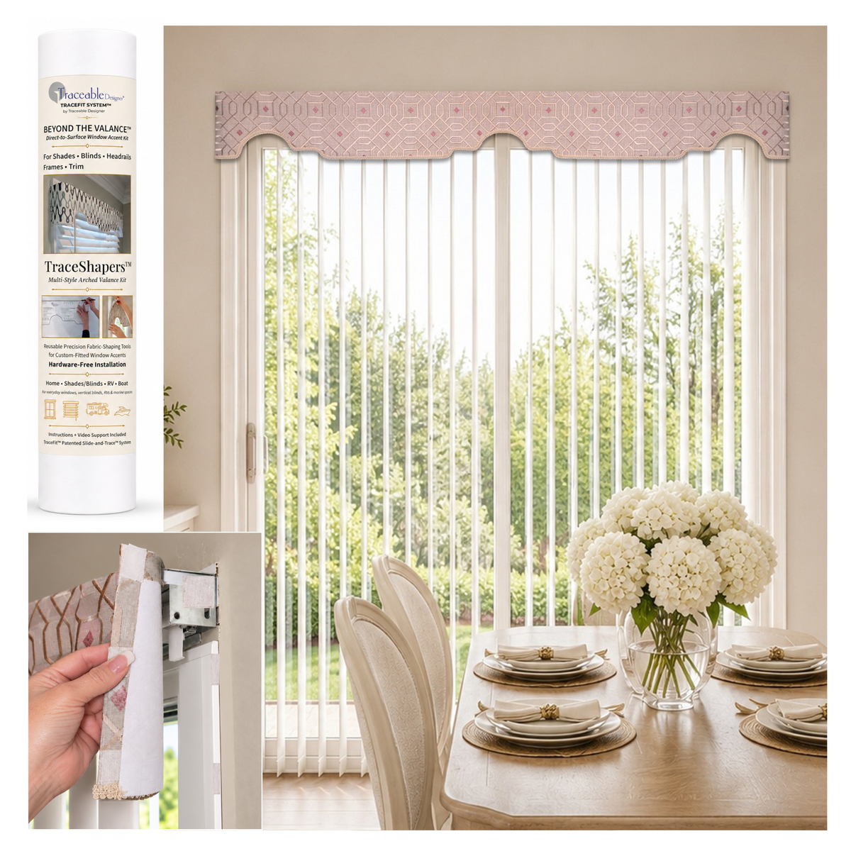 Traceable Designer Beyond the Valance Arched Window Accent Overlay kit with custom-fitted fabric valance installed over vertical blinds using the TraceShaper reusable fabric-shaping system.”