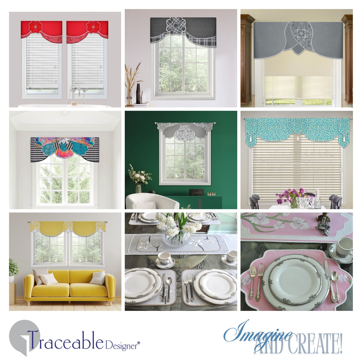 Make unique flower valances, swag scarf curtains, and cornice style window treatments without using a sewing machine! Traceable Designer swag, scarf, and blossom valance kit includes traceable valance design forms to help you transform any fabric into professional-looking custom valances without sewing. Hang valances using standard curtain rods. 