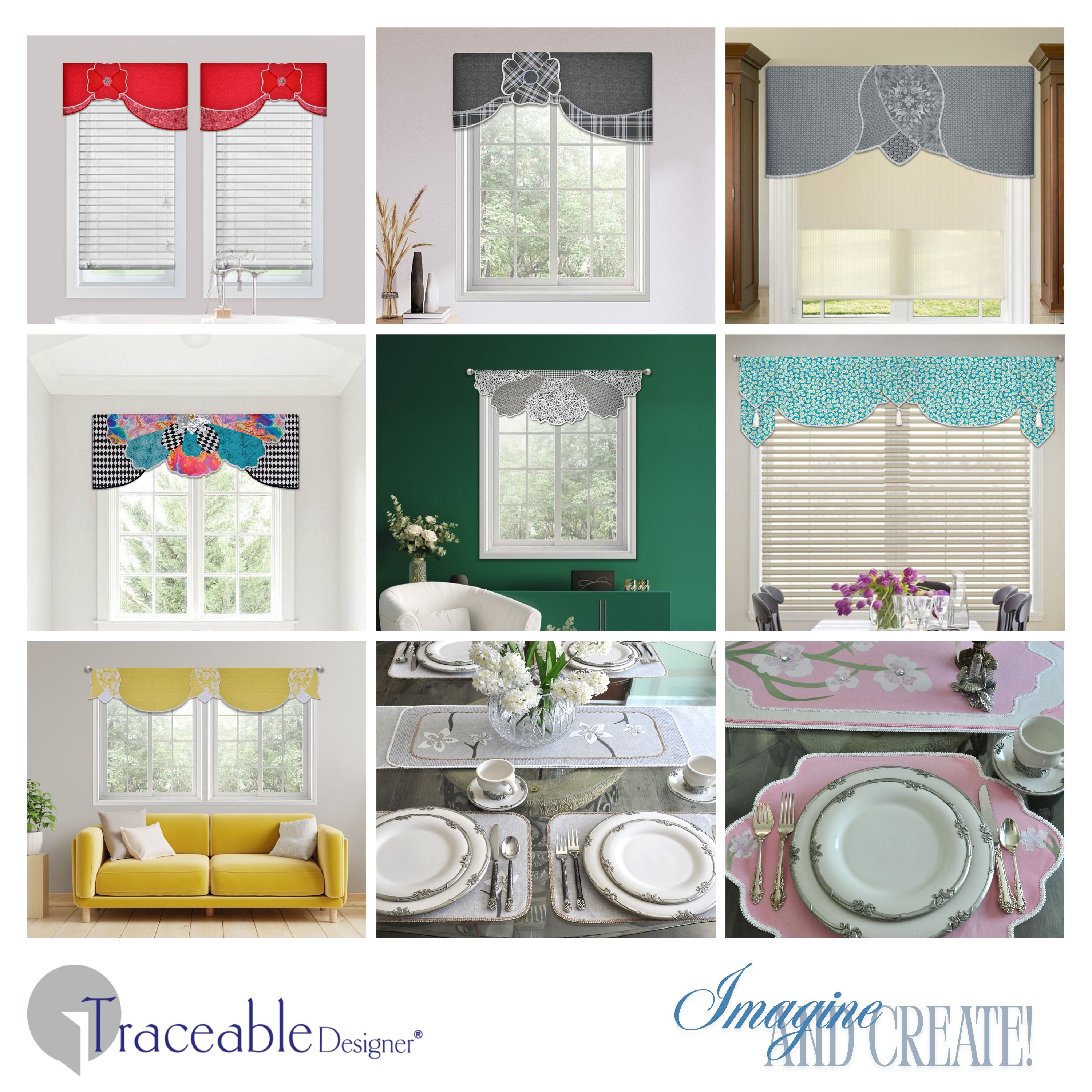 Make unique flower valances, swag scarf curtains, and cornice style window treatments without using a sewing machine! Traceable Designer swag, scarf, and blossom valance kit includes traceable valance design forms to help you transform any fabric into professional-looking custom valances without sewing. Hang valances using standard curtain rods. 