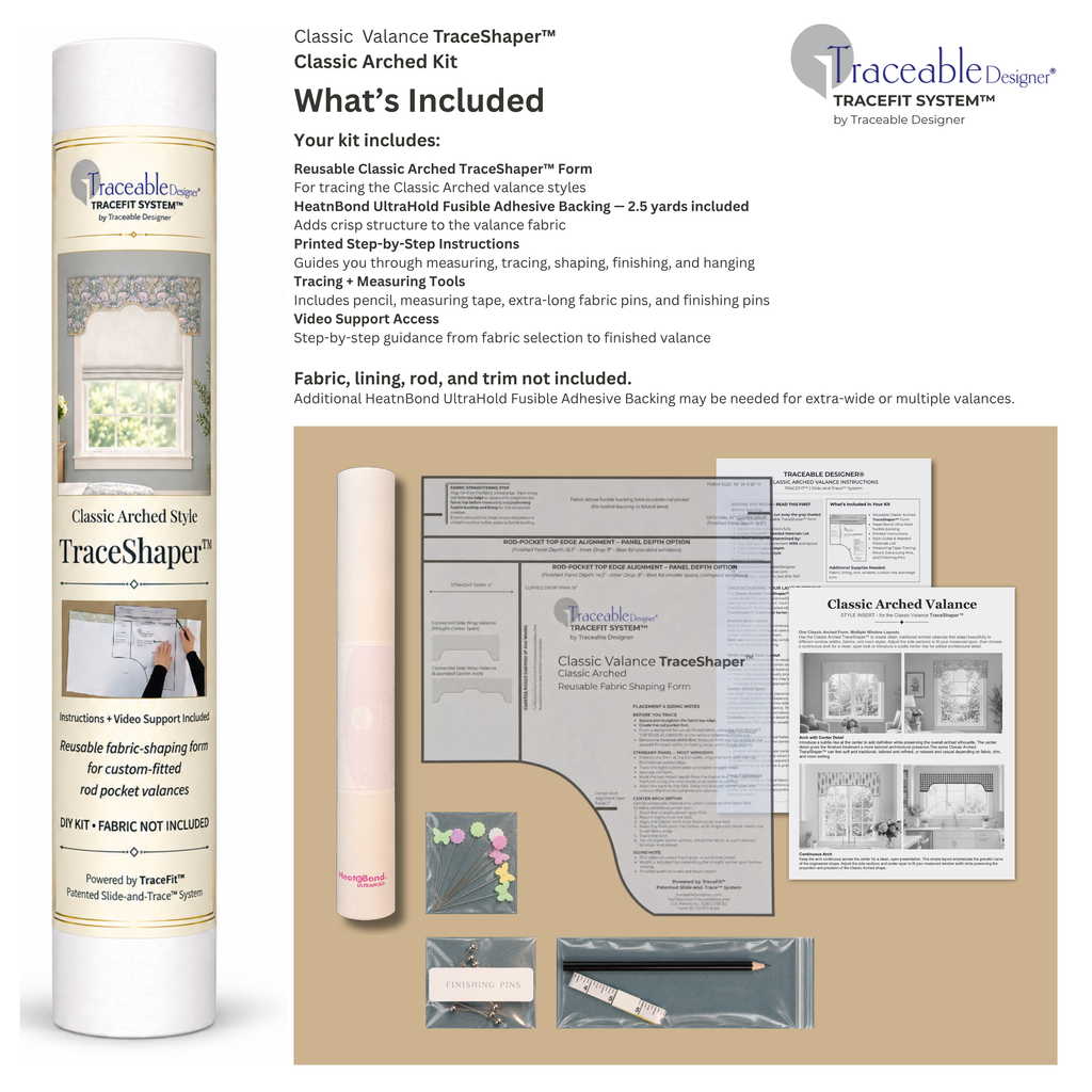 Traceable Designer Classic Arched Valance Kit contents with reusable TraceShaper form, fusible backing, instructions, measuring and tracing tools, finishing pins and video support.