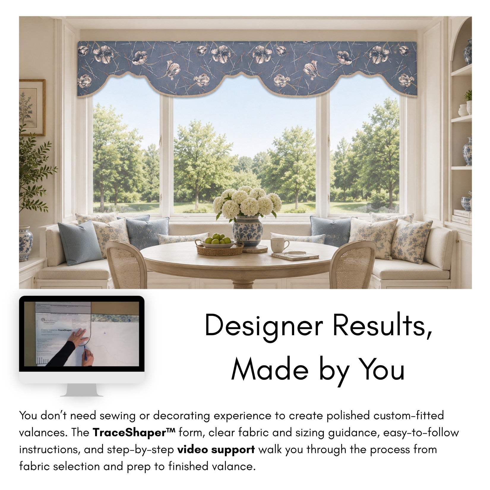 Traceable Designer Scalloped Cornice-Style Valance Kit | Rod-Pocket Valance | Fits All Window Sizes | Reusable No-Sew Fabric-Shaping Form