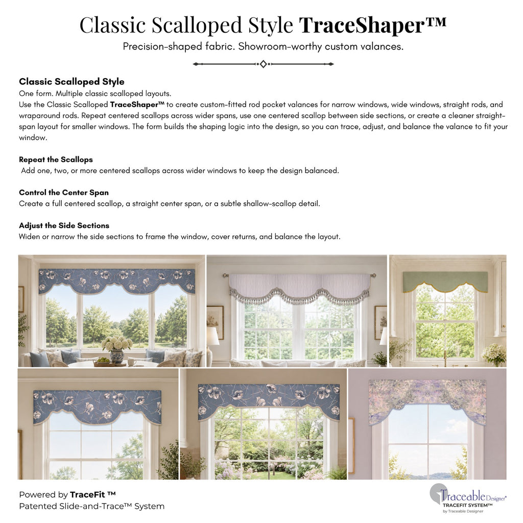 Traceable Designer Scalloped Cornice-Style Valance Kit | Rod-Pocket Valance | Fits All Window Sizes | Reusable No-Sew Fabric-Shaping Form