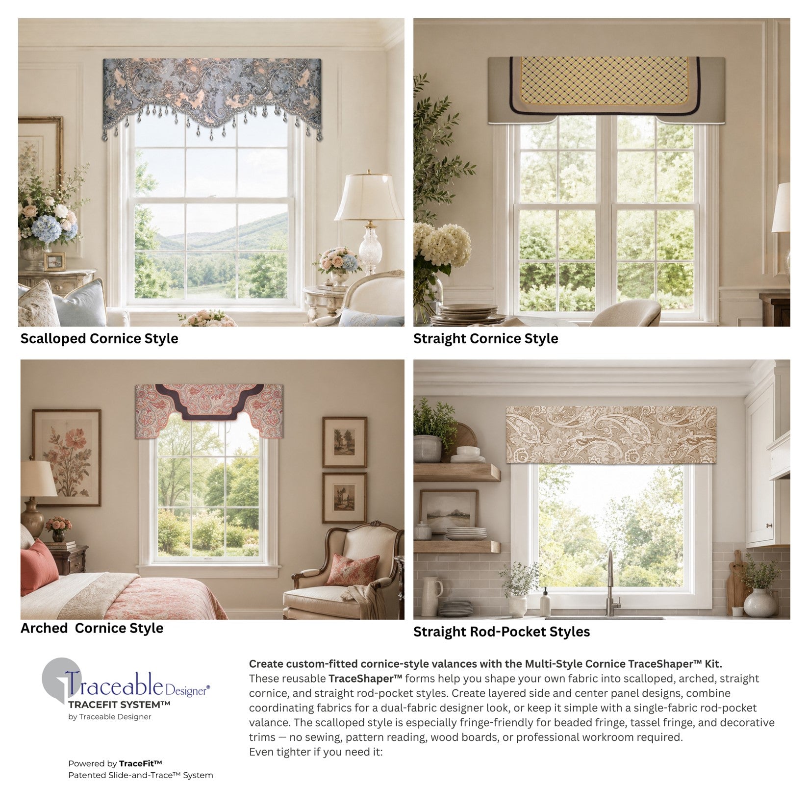 Traceable Designer multi-style no-sew cornice valance kit. Make custom curtains without sewing. Lined panels include a rod pocket for hanging on a curtain rod. Fit all window sizes and styles. Room darkening valance is perfect for traditional, modern, contemporary , farmhouse decor.
