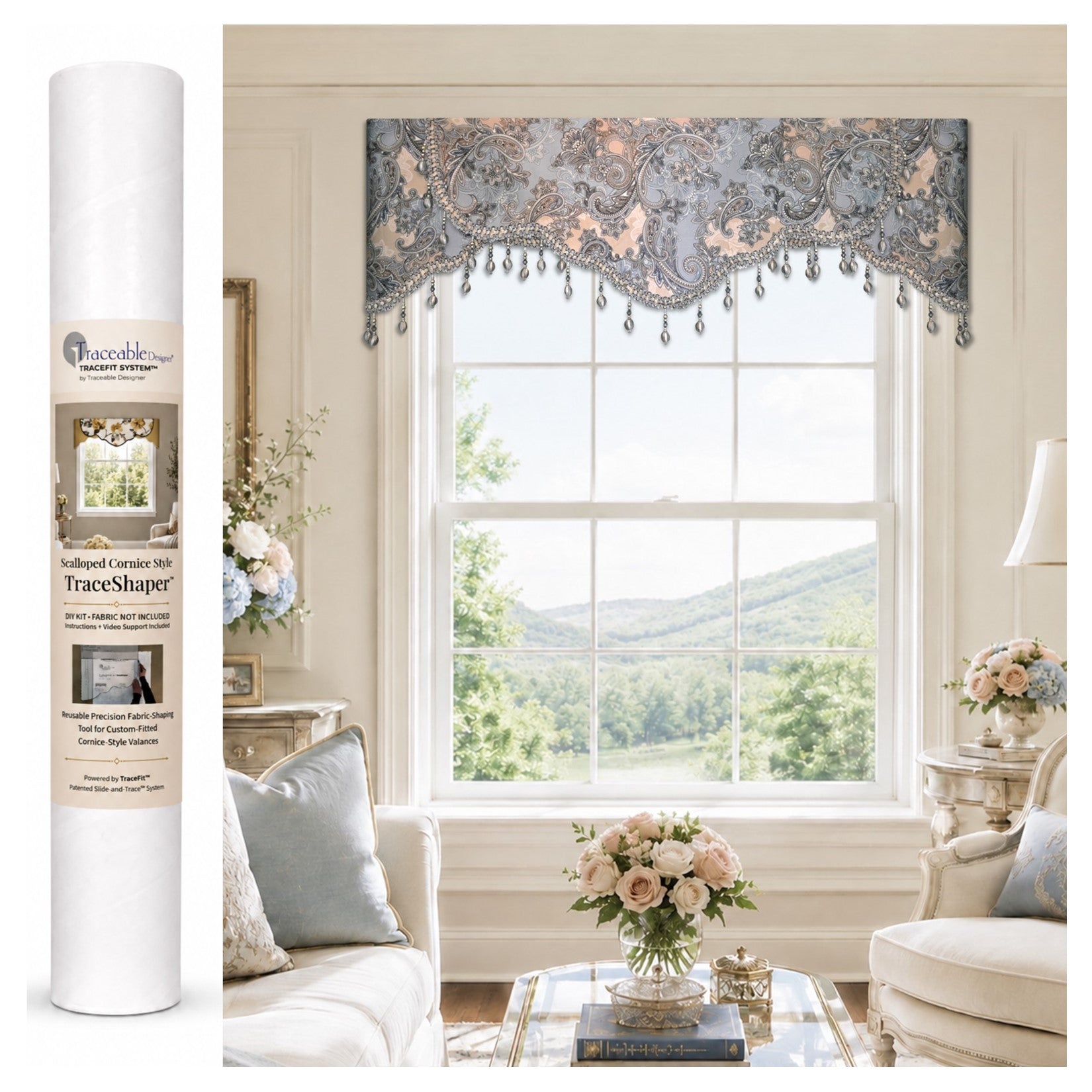 Scalloped Cornice Style TraceShaper™ kit shown with packaging tube and finished scalloped cornice-style valance displayed above a window. DIY no-sew cornice valance kit for creating a custom-fitted window treatment using your own fabric.