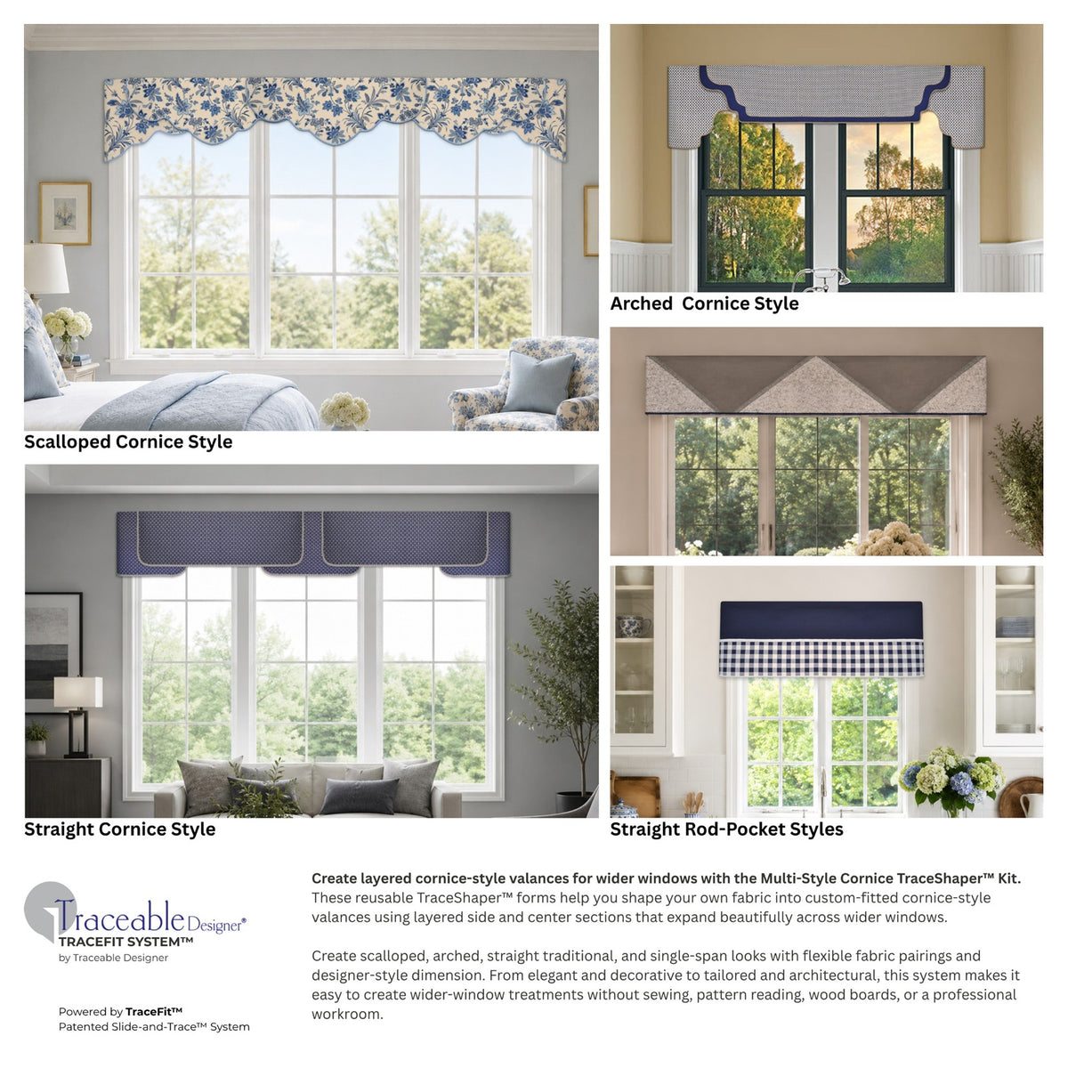 Traceable Designer multi-style no-sew cornice valance kit. Make custom curtains without sewing. Lined panels include a rod pocket for hanging on a curtain rod. Fit all window sizes and styles. Room darkening valance is perfect for traditional, modern, contemporary , farmhouse decor.