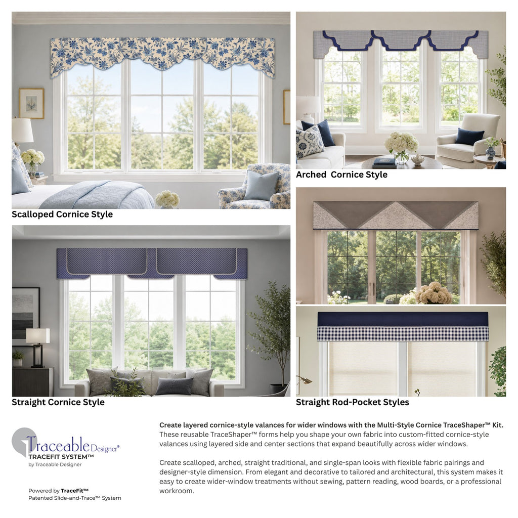 Traceable Designer multi-style no-sew cornice valance kit. Make custom curtains without sewing. Lined panels include a rod pocket for hanging on a curtain rod. Fit all window sizes and styles. Room darkening valance is perfect for traditional, modern, contemporary , farmhouse decor.
