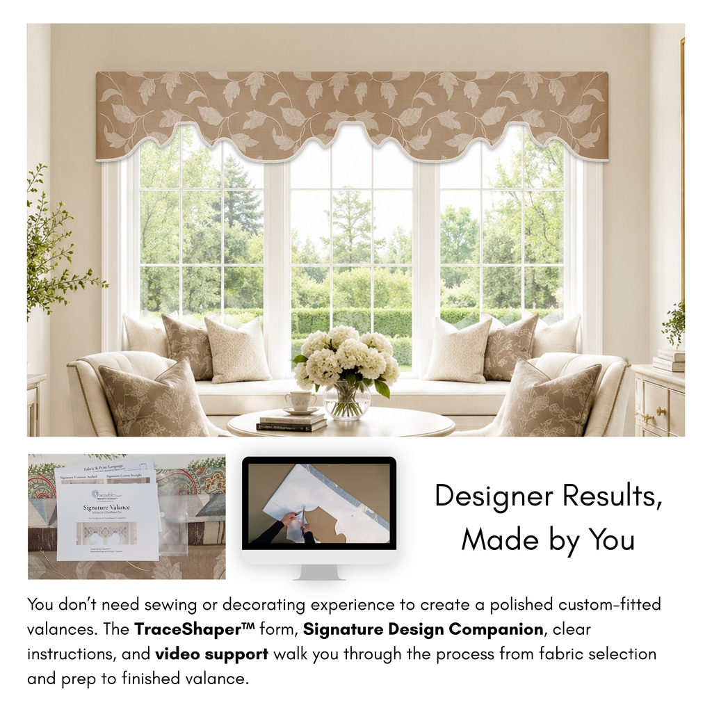 Signature Crest Scalloped valance style options showing repeated crest sections, open straight spans, and custom-fitted no-sew fabric shaping possibilities.