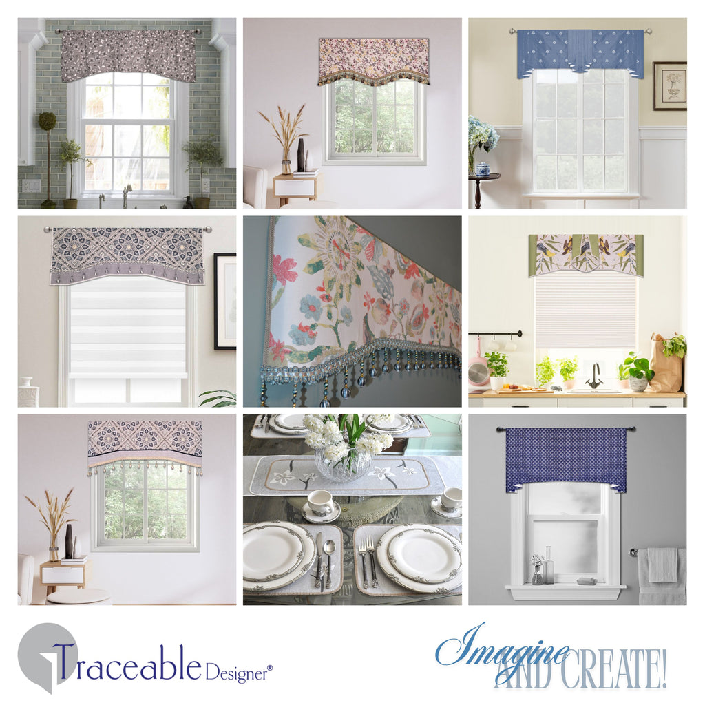 Traceable Designer no-sew pleated  gathered curtain, and cornice valance kit. Make custom window treatments without sewing. Lined panels include a rod pocket for hanging on a curtain rod. Topper for louvered blinds, shades, drapes, curtains.