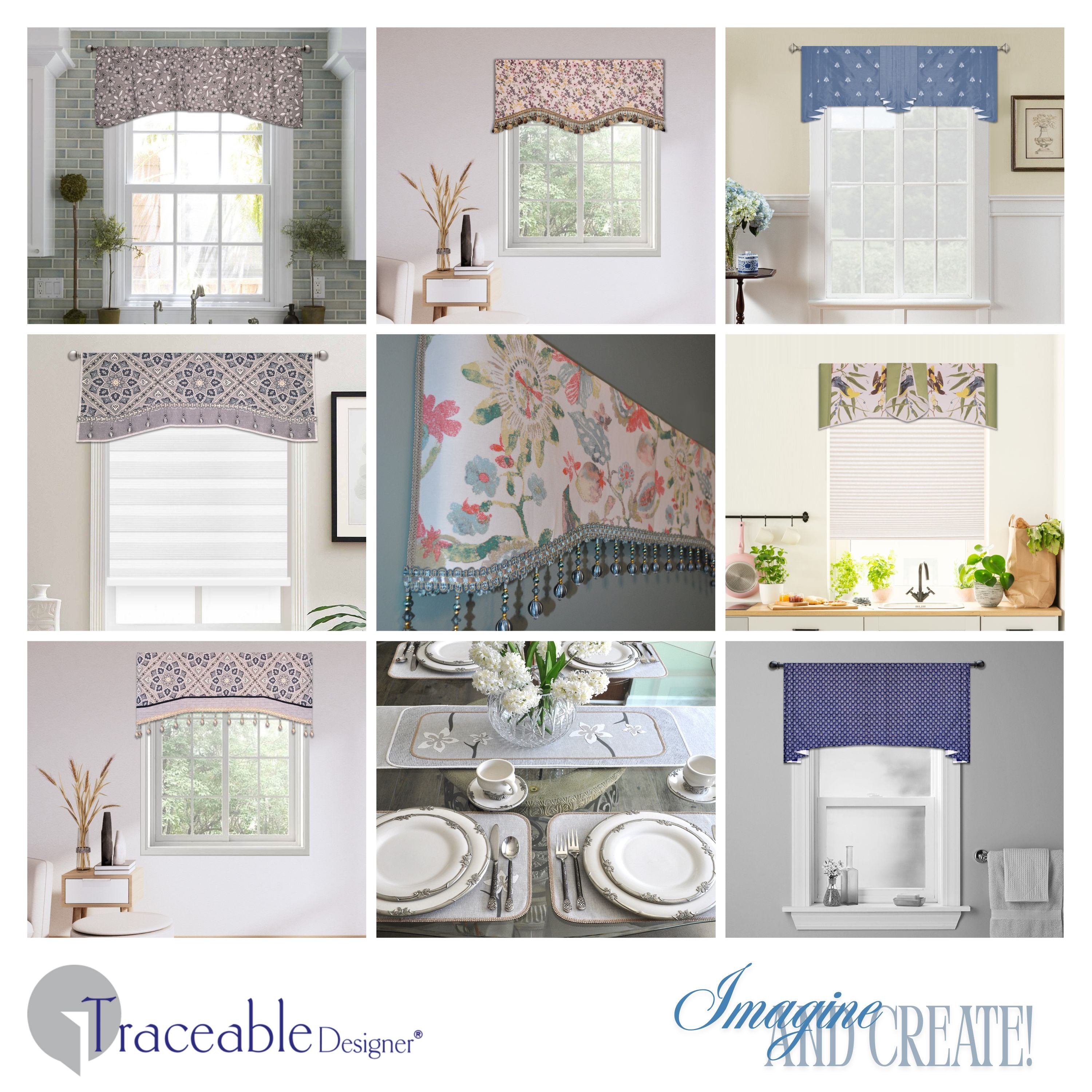 Traceable Designer no-sew pleated  gathered curtain, and cornice valance kit. Make custom window treatments without sewing. Lined panels include a rod pocket for hanging on a curtain rod. Topper for louvered blinds, shades, drapes, curtains.