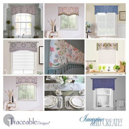 Traceable Designer no-sew pleated  gathered curtain, and cornice valance kit. Make custom window treatments without sewing. Lined panels include a rod pocket for hanging on a curtain rod. Topper for louvered blinds, shades, drapes, curtains.