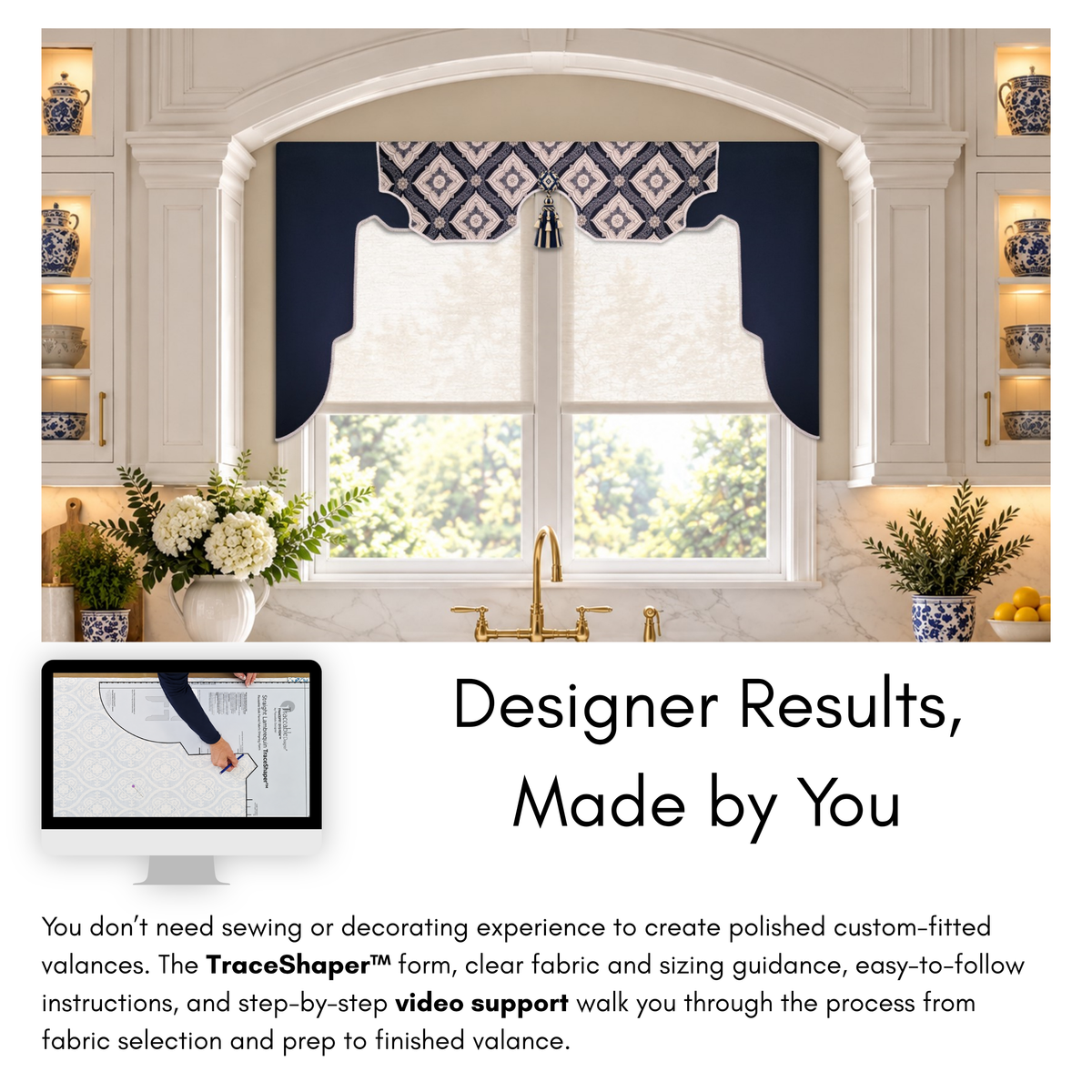 Traceable Designer DIY no-sew fabric-shaping guide explaining how reusable TraceShaper forms help beginners create custom window valances without sewing experience.