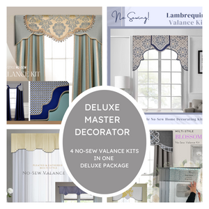 Traceable Designer No-Sew Master Decorator Kit includes cornice valances, lambrequins, swags, pleated curtain window treatments, and matching table accents. Make custom valances without sewing.