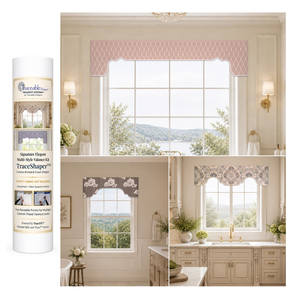 Traceable Designer multi-style no-sew cornice valance kit. Make custom curtains without sewing. Lined panels include a rod pocket for hanging on a curtain rod. Fit all window sizes and styles. Room darkening valance is perfect for traditional, modern, contemporary , farmhouse decor.