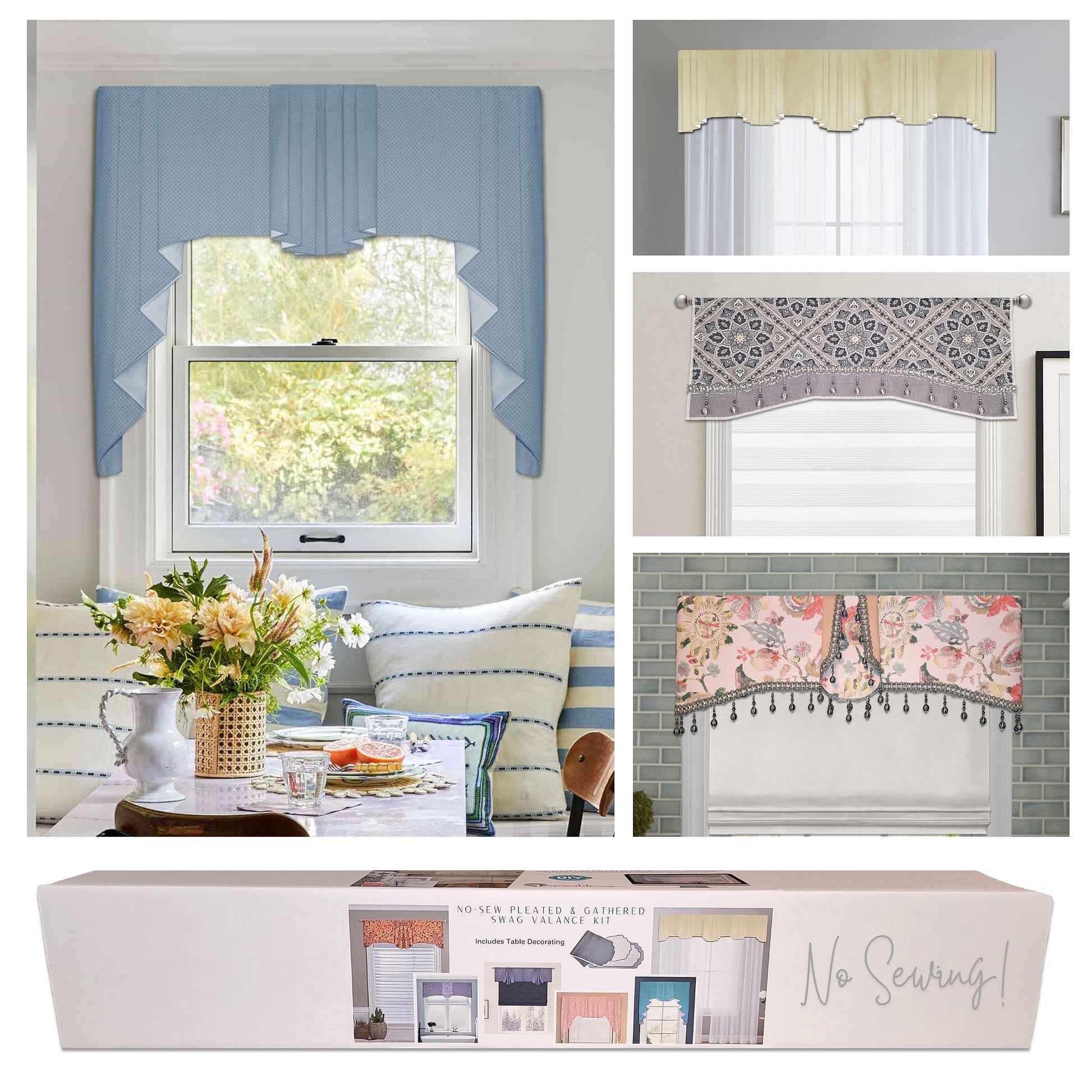 Traceable Designer no-sew pleated and gathered swavalance kit. Make custom long jabots styles, short curtains, and cornice valances without sewing. Lined panels include a rod pocket for hanging on a curtain rod. Fit all window sizes and styles. The ultimate sewing alternative. 