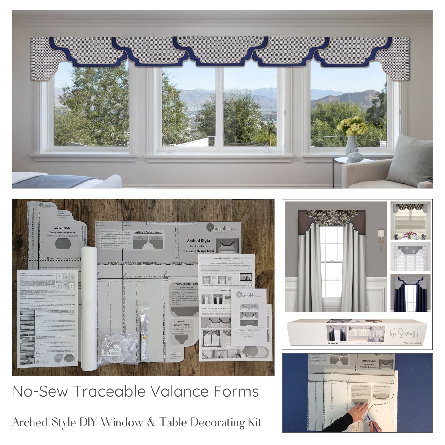 Traceable Designer arched no-sew rod pocket valance kit. Lined cornice styles are great for room darkening. Traceable design forms are the perfect sewing alternative for DIY projects. Use a standard curtain rod. Fit all window sizes. 