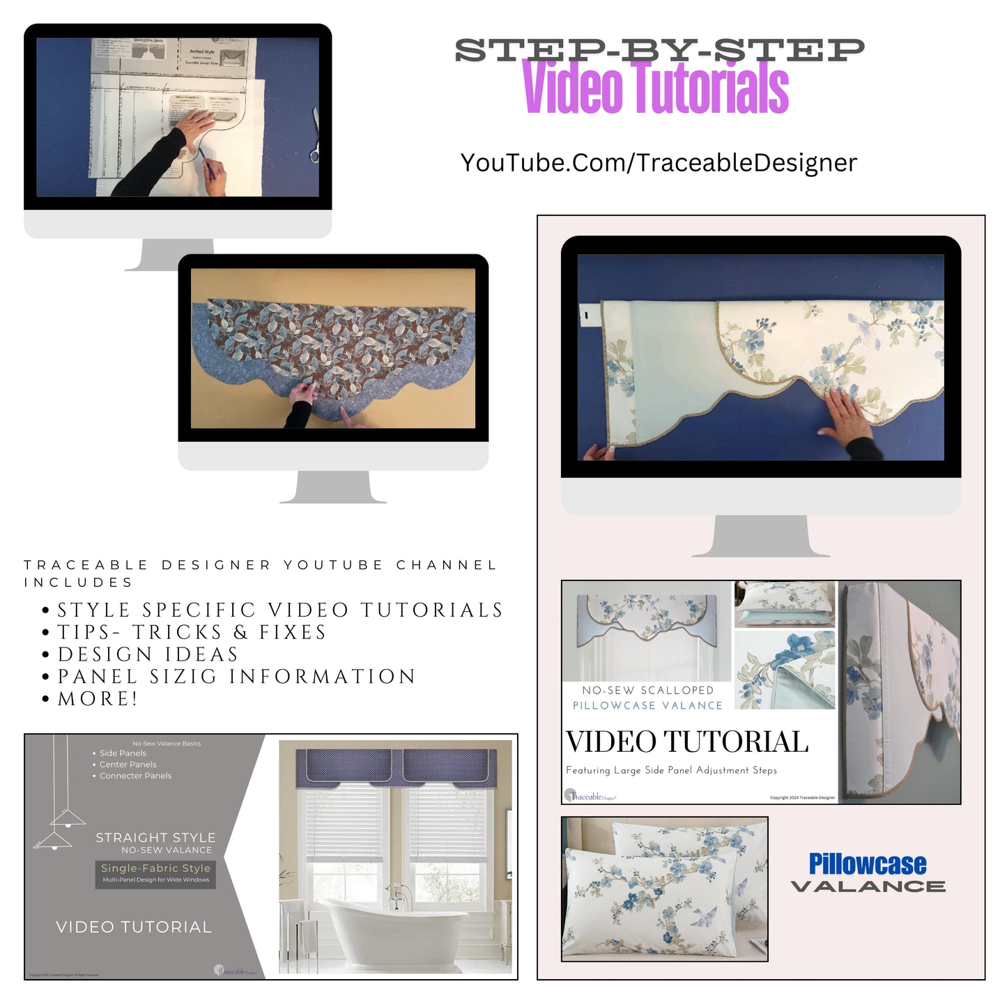 Traceable Designer multi-style no-sew valance kit. Video tutorials available on Youtube.com. Traceable design forms are the perfect sewing alternative for DIY projects. Use a wide-pocket curtain rod. Fit all window sizes. Reusable for unlimited decorating.
