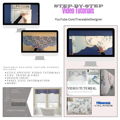 Traceable Designer multi-style no-sew valance kit. Video tutorials available on Youtube.com. Traceable design forms are the perfect sewing alternative for DIY projects. Use a wide-pocket curtain rod. Fit all window sizes. Reusable for unlimited decorating.
