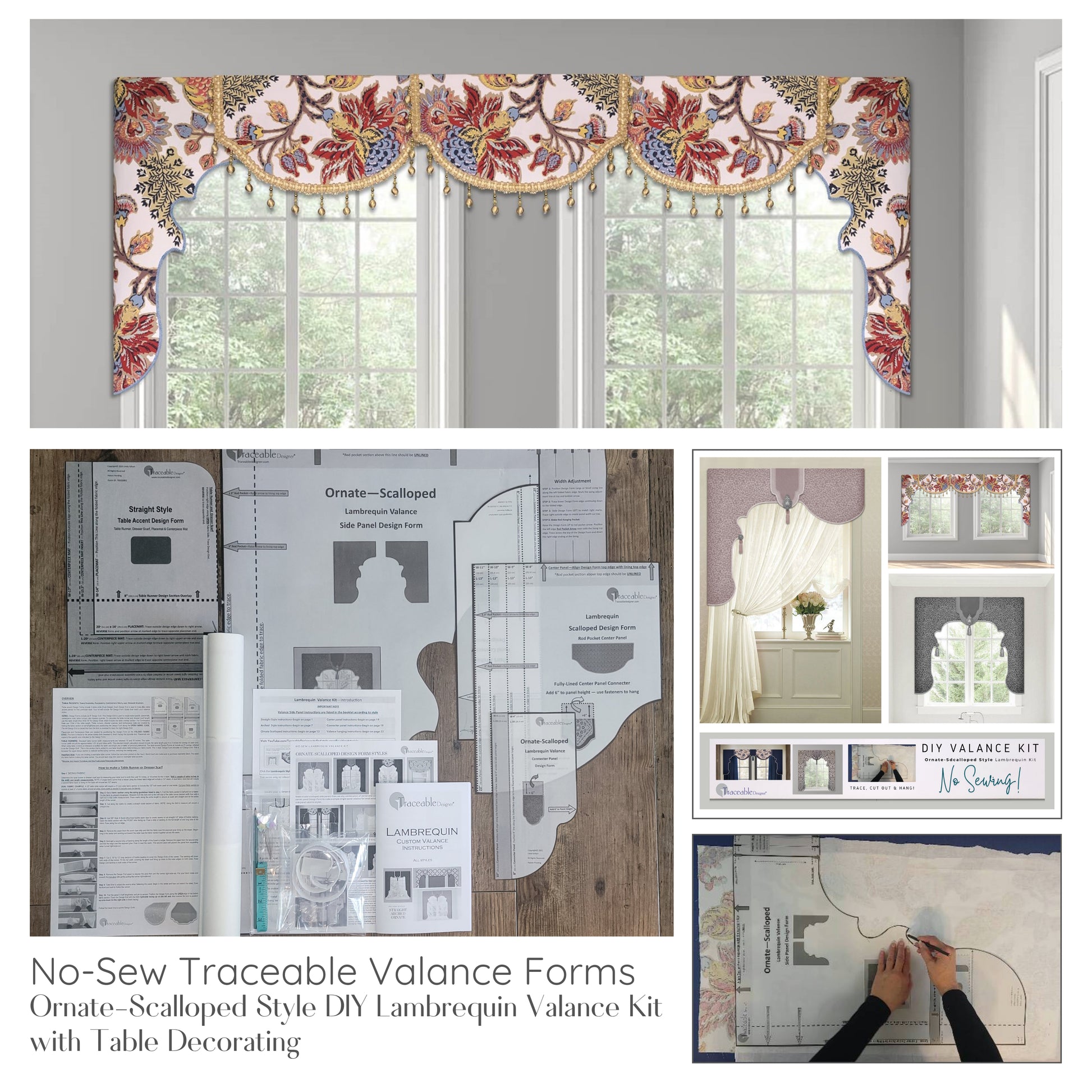 Traceable Designer no-sew scalloped lambrequin cornice valance kit. Make custom valances without sewing. Lined panels include a rod pocket for hanging on a curtain rod. Fit all window sizes and styles. Perfect for chic, elegant, & Mediterranean decor.
