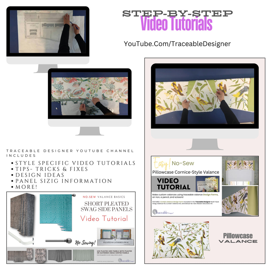 Traceable Designer no-sew curtain and cornice valance kit. Video tutorials available on Youtube.com. Traceable design forms are the perfect sewing alternative for DIY projects. Use a standard curtain rod. Fit all window sizes. Reusable for unlimited decorating.
