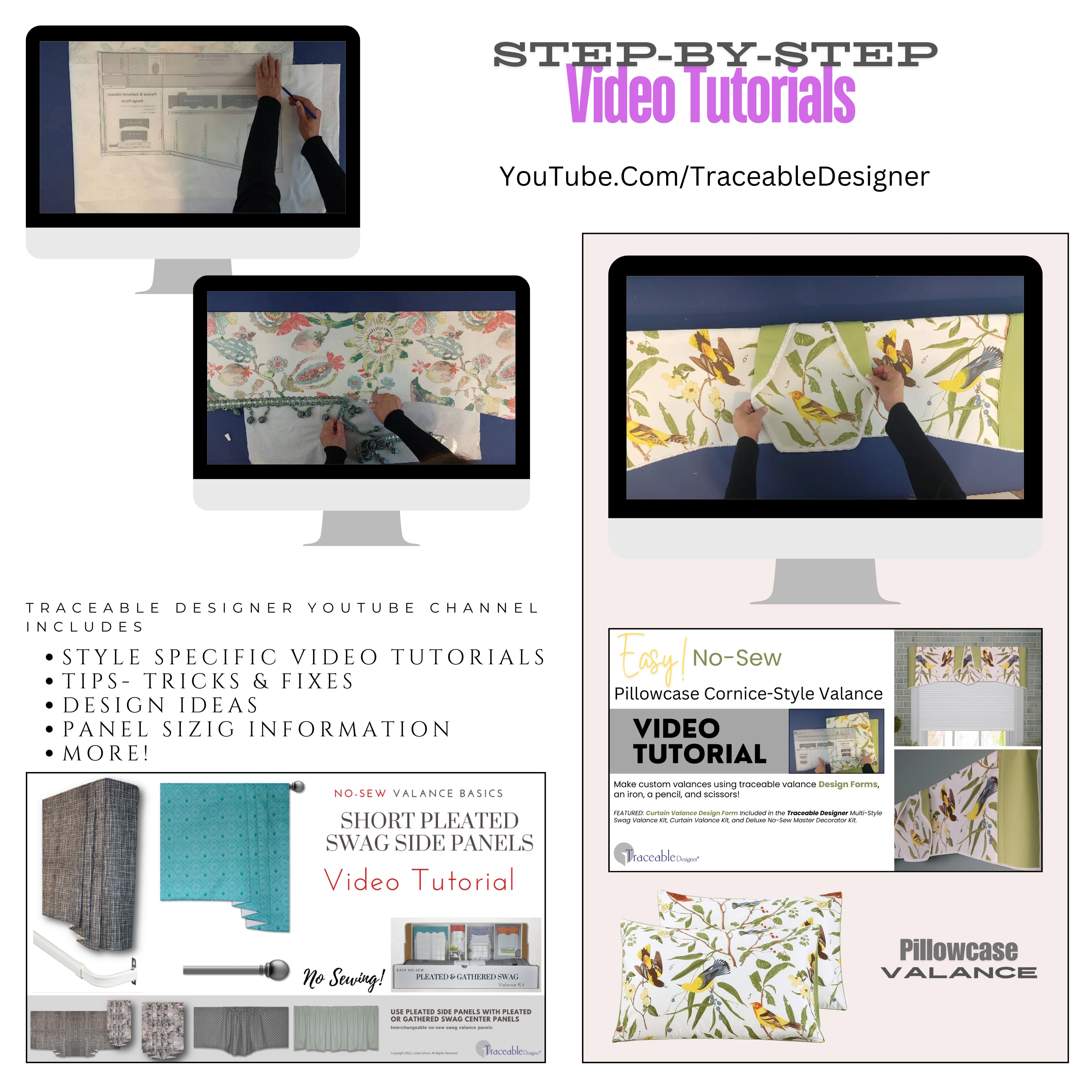Traceable Designer no-sew curtain and cornice valance kit. Video tutorials available on Youtube.com. Traceable design forms are the perfect sewing alternative for DIY projects. Use a standard curtain rod. Fit all window sizes. Reusable for unlimited decorating.
