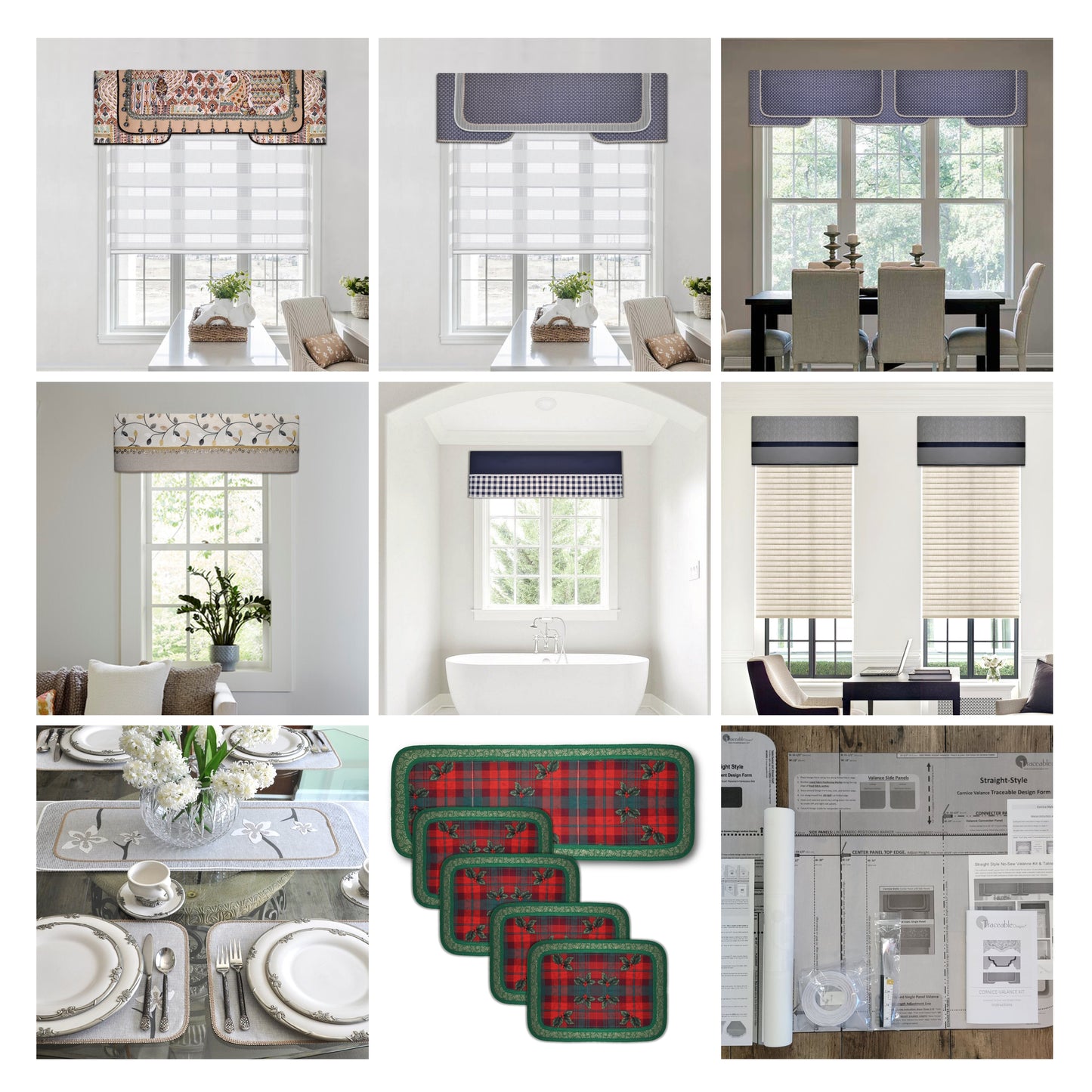 Traceable Designer no-sew straight style valance kit. Make rod pocket curtains for kitchen, bedroom, living room. The perfect sewing alternative for DIY custom window projects. Use valances over drapes, shades, louvered blinds.
