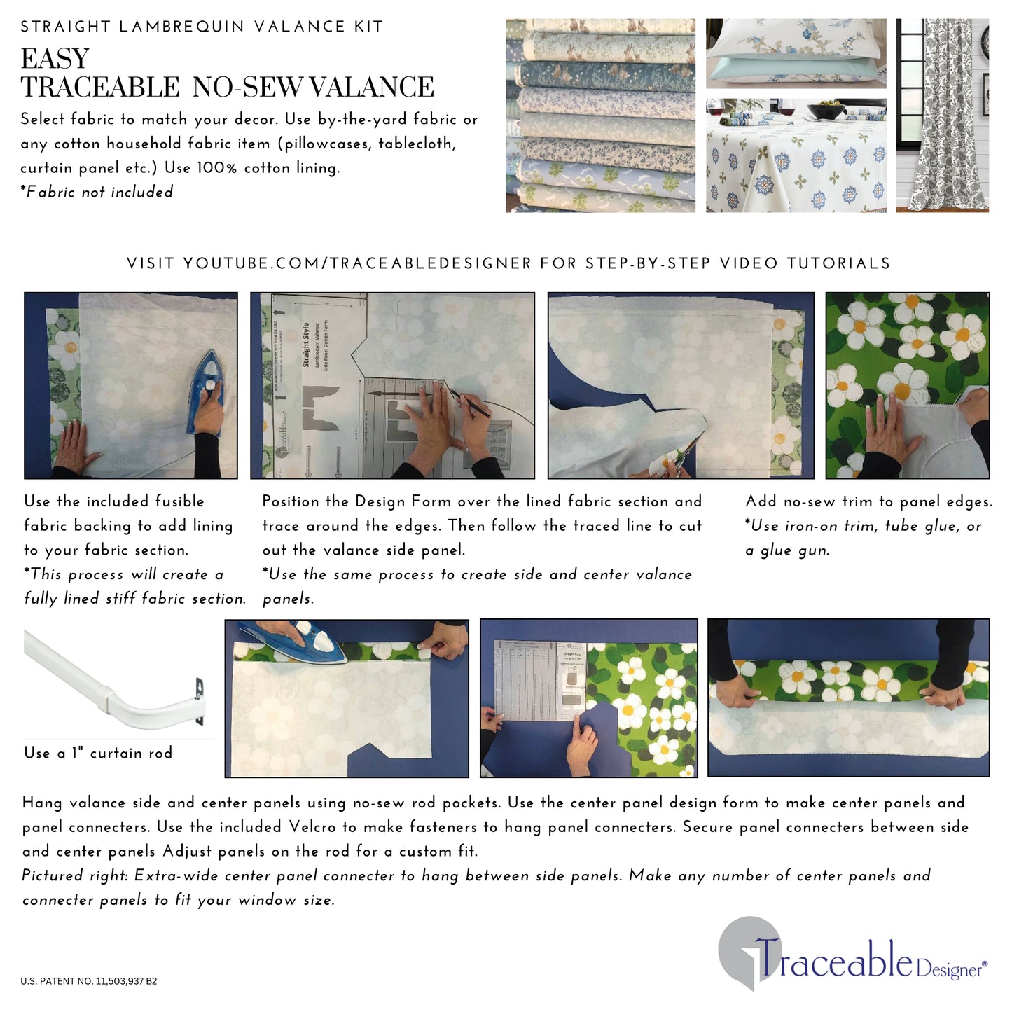 Traceable Designer straight style no-sew lambrequin valance kit. Make rod pocket curtains for modern, eclectic, traditional, contemporary decor. No-sew design forms are the perfect sewing alternative for DIY window projects. Use a standard curtain rod no wood board or Styrofoam base needed.
