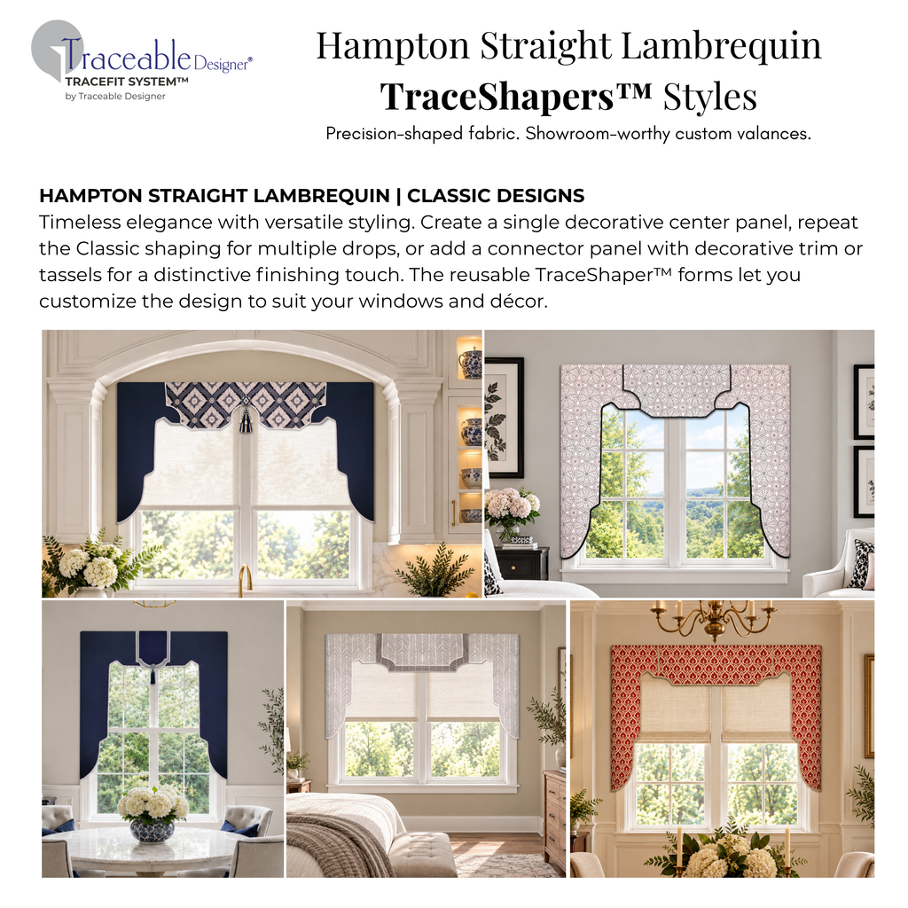 Hampton Straight Lambrequin style examples showing tailored straight fabric window treatments with Classic and Modern center-panel designs in different rooms.