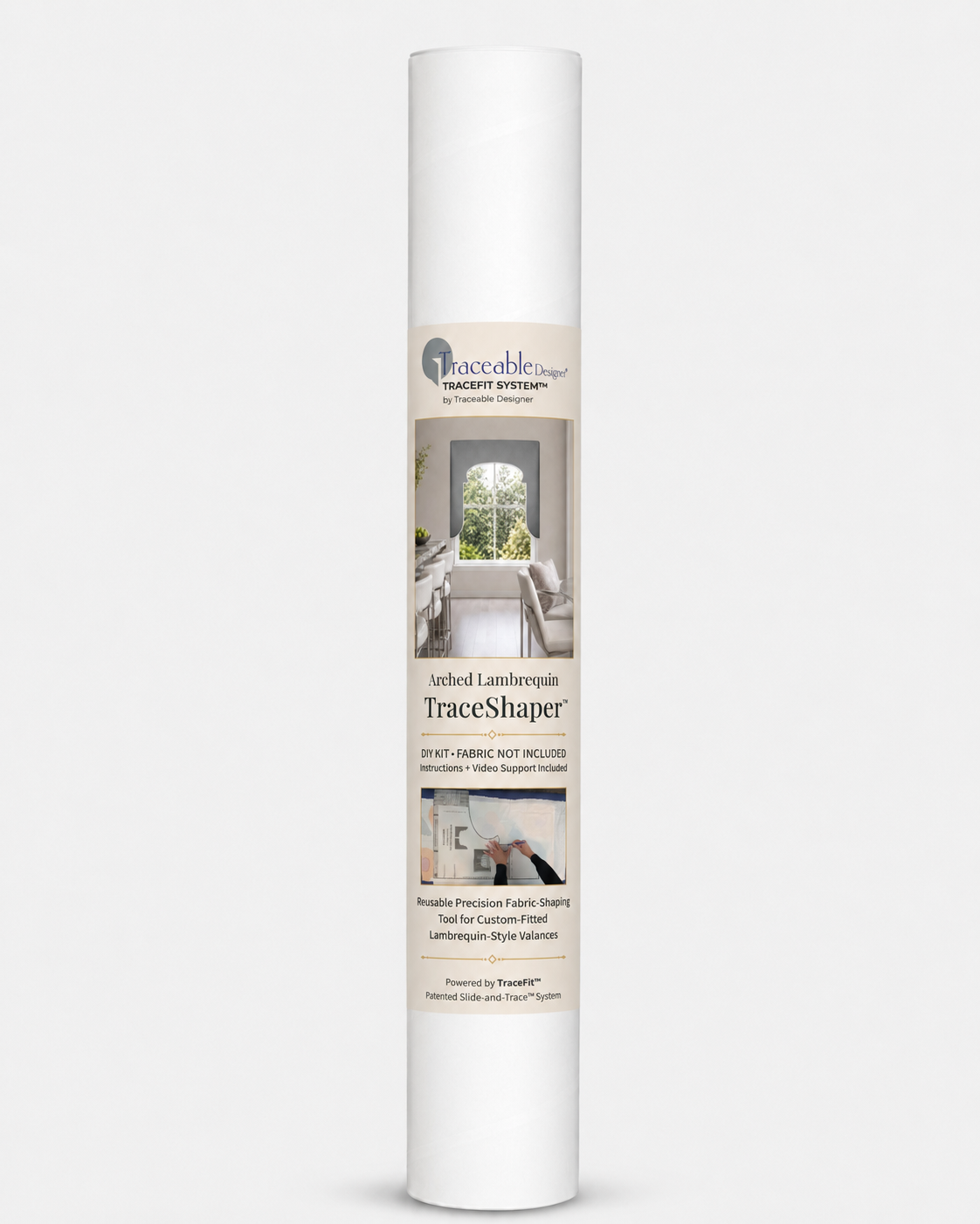 Arched Lambrequin TraceShaper kit tube packaging on a white background for a reusable fabric-shaping tool that creates custom-fitted lambrequin-style valances.