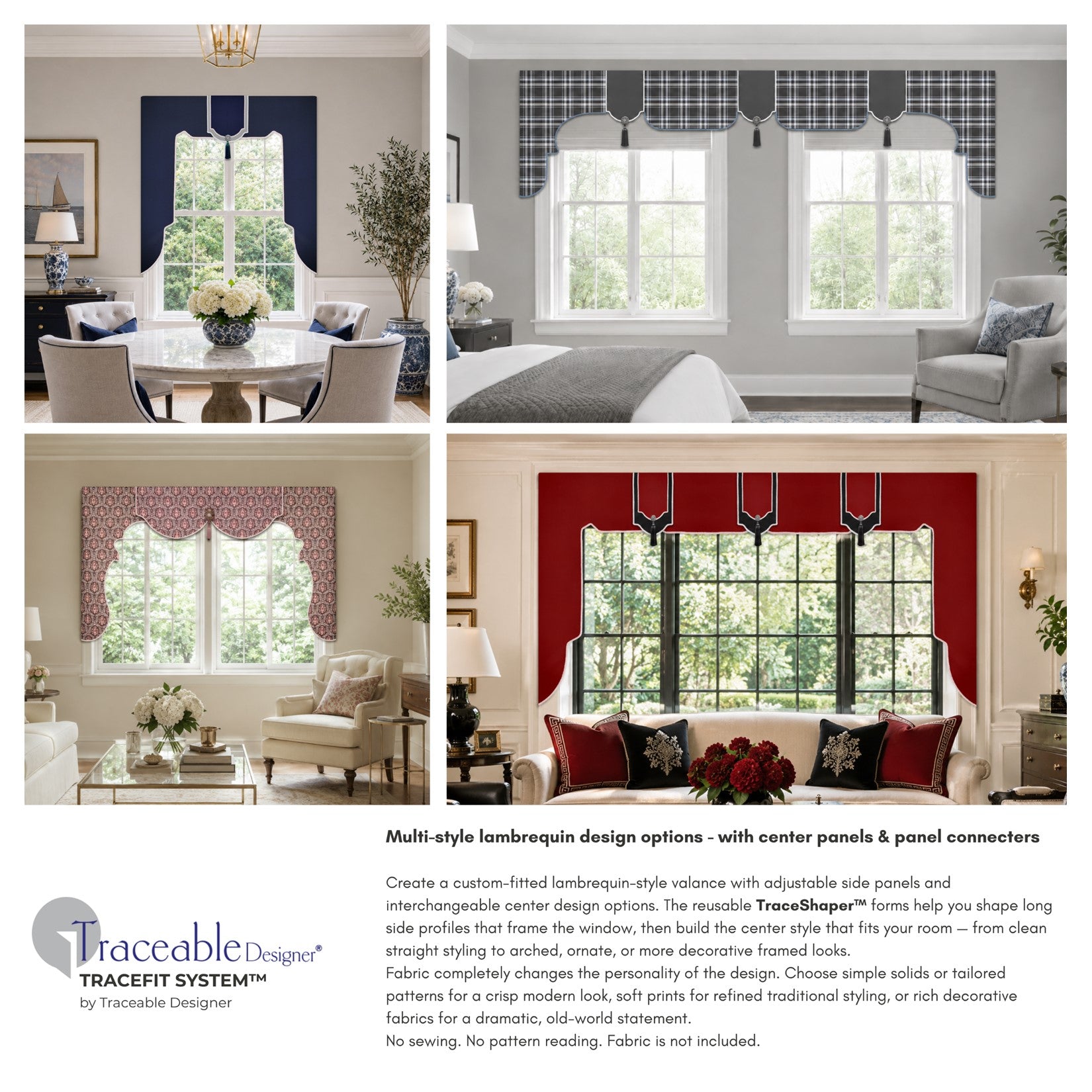 Traceable Designer multi-style lambrequin valance kit. Make custom window treatments without sewing. Lined panels include a rod pocket for hanging on a curtain rod. No wood board or Styrofoam needed. Long style is perfect for room darkening.