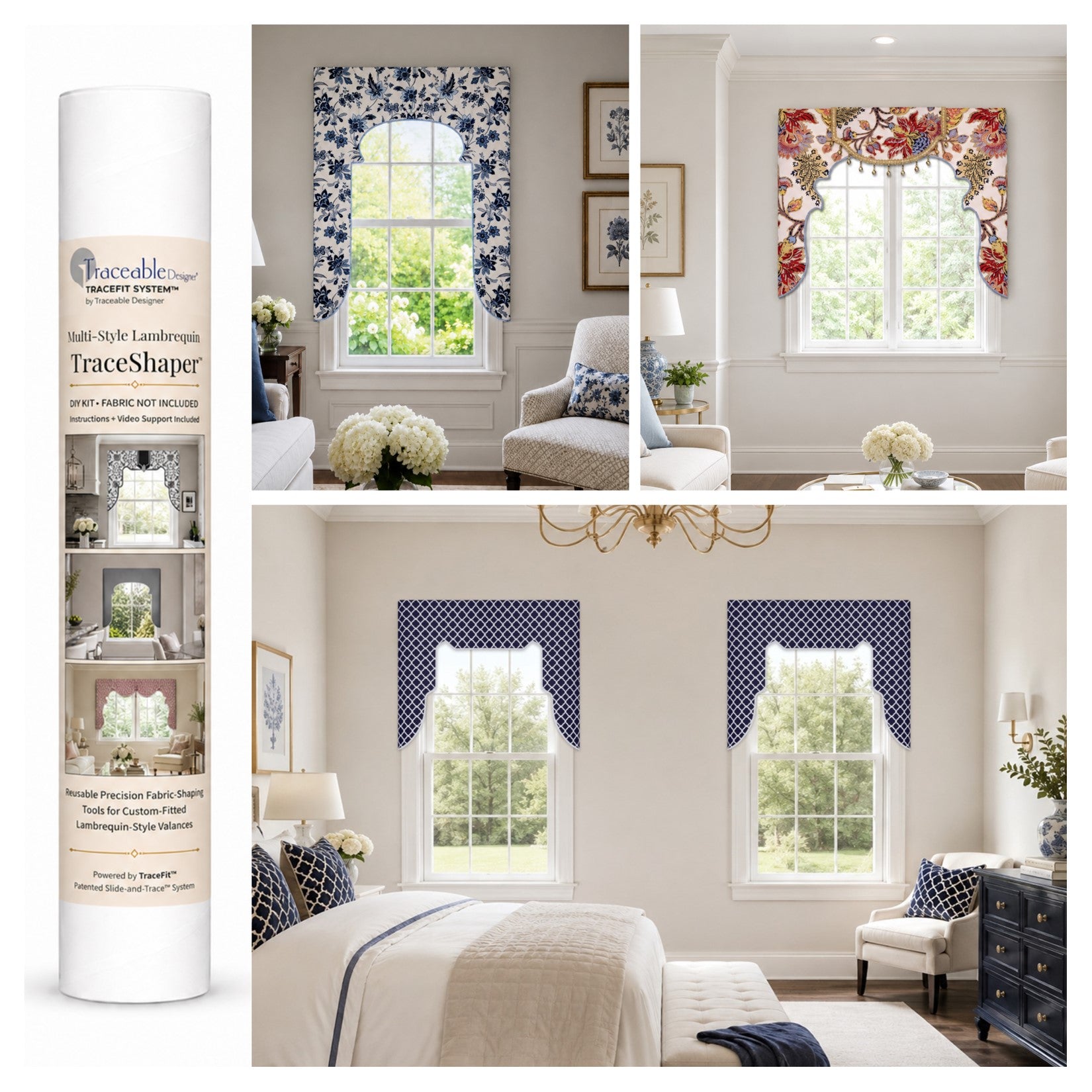 Traceable Designer multi-style lambrequin valance kit. Use patented traceable forms to make custom window treatments without sewing. Lined panels include a rod pocket for hanging on a curtain rod. No wood board or Styrofoam needed. Long room darkening sides. Precision shaping – no sewing needed.