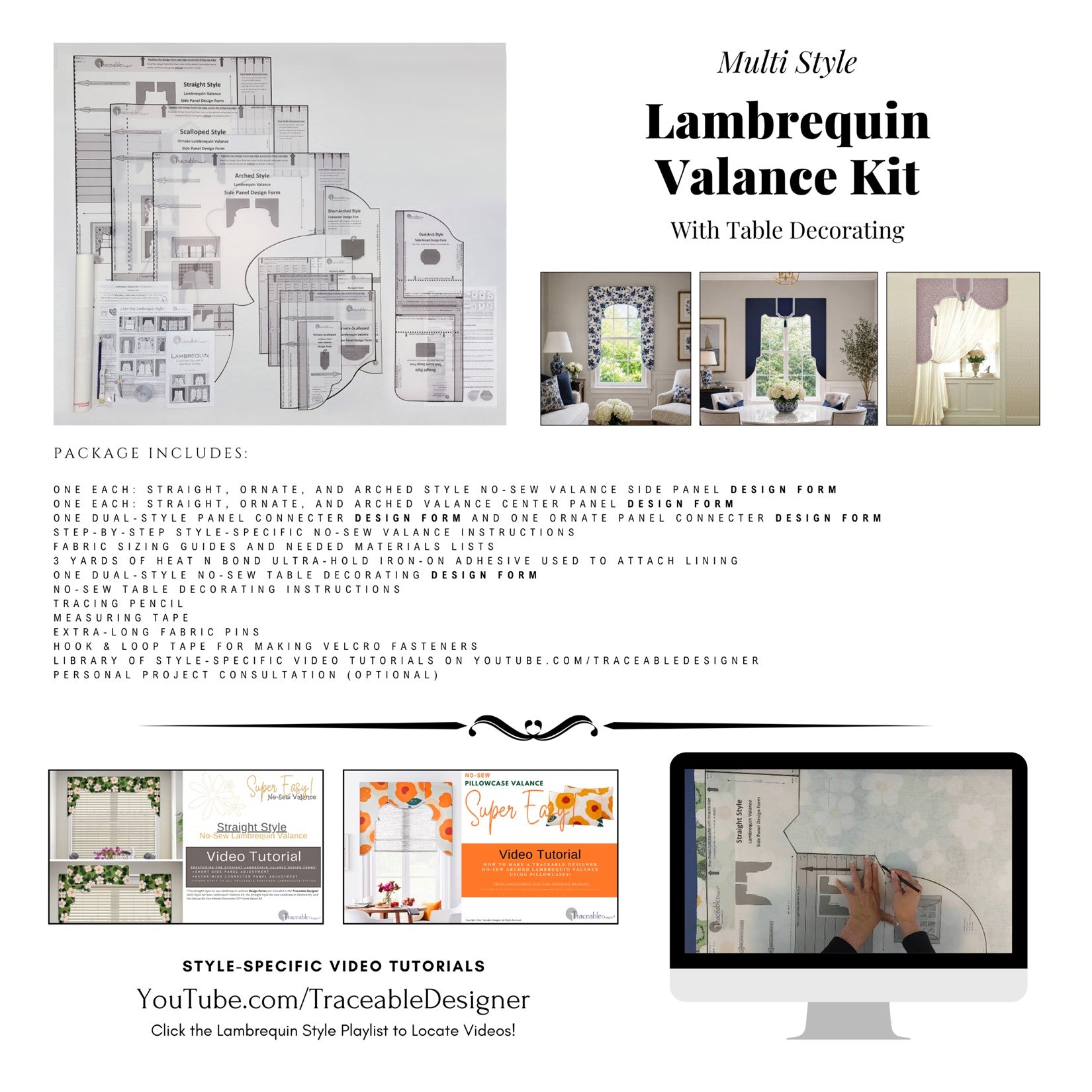 Traceable Designer multi-style lambrequin valance kit. Make custom window treatments without sewing. Lined panels include a rod pocket for hanging on a curtain rod. No wood board or Styrofoam needed. Long style is perfect for room darkening.