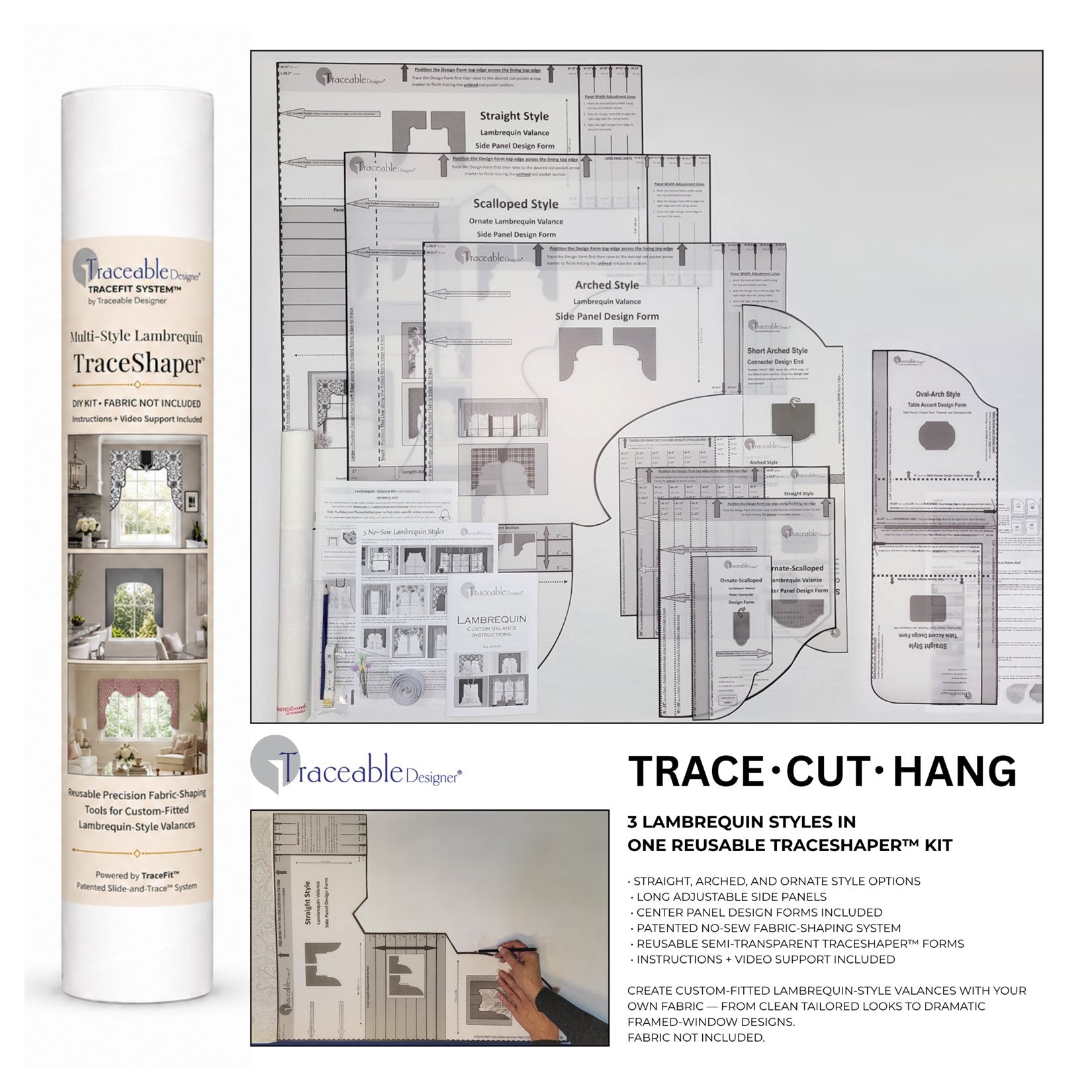 Traceable Designer multi-style lambrequin valance kit. Use patented traceable forms to make custom window treatments without sewing. Lined panels include a rod pocket for hanging on a curtain rod – no wood board or Styrofoam needed. Long room darkening sides. Precision shaping – no sewing needed.