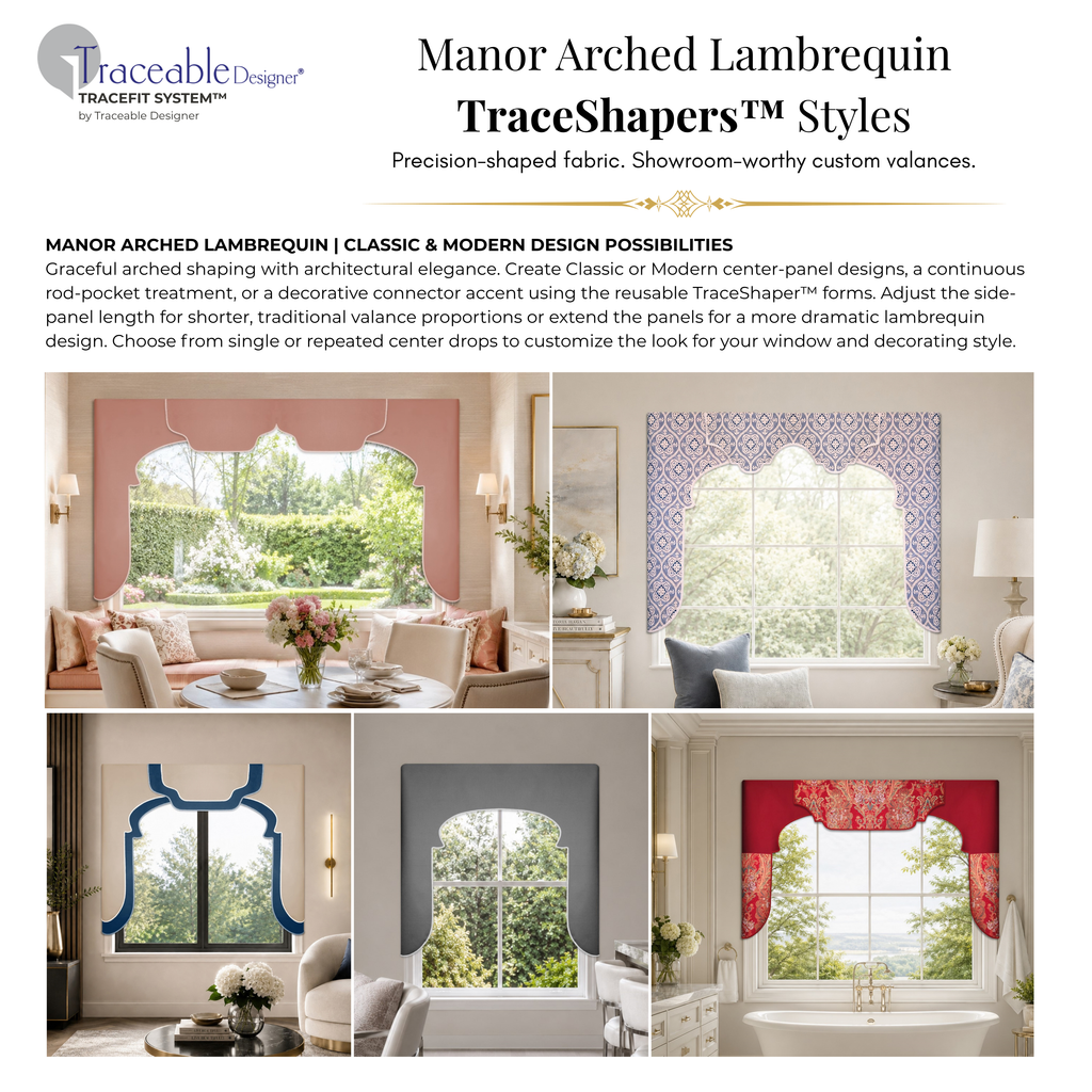 Manor Arched Lambrequin style examples showing elegant curved fabric window treatments, decorative center panels and varied side-panel lengths.