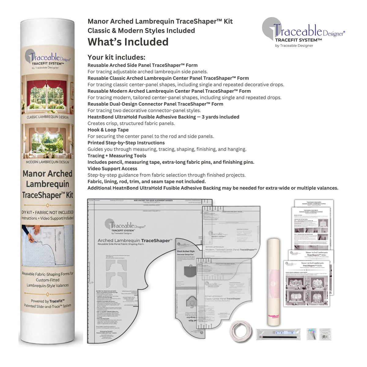 Manor Arched Lambrequin TraceShaper™ Kit | Classic & Modern Window Valance Styles | No-Sew DIY Fabric-Shaping System | by Traceable Designer®
