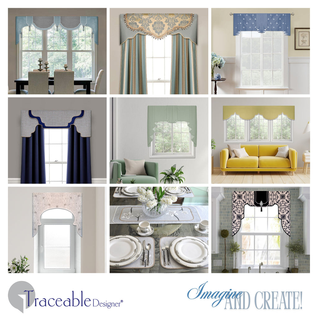 Traceable Designer Deluxe no-sew valance kit. Make custom cornices, lambrequins, pleated swags, short curtains, and scarf valance styles without sewing. Rod pocket styles for curtain rods. Fit all window sizes and styles. No wood board or Styrofoam.
