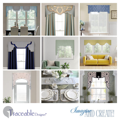 Traceable Designer Deluxe no-sew valance kit. Make custom cornices, lambrequins, pleated swags, short curtains, and scarf valance styles without sewing. Rod pocket styles for curtain rods. Fit all window sizes and styles. No wood board or Styrofoam.
