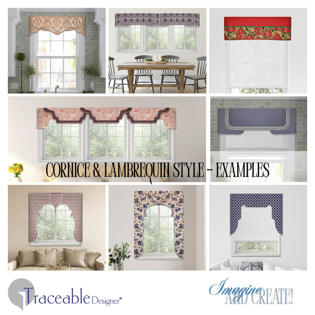 Traceable Designer Deluxe no-sew valance kit. Make custom cornices, and adjustable length lambrequins style valances without sewing. Rod pocket styles for curtain rods. Fit all window sizes and styles. No wood board or Styrofoam.
