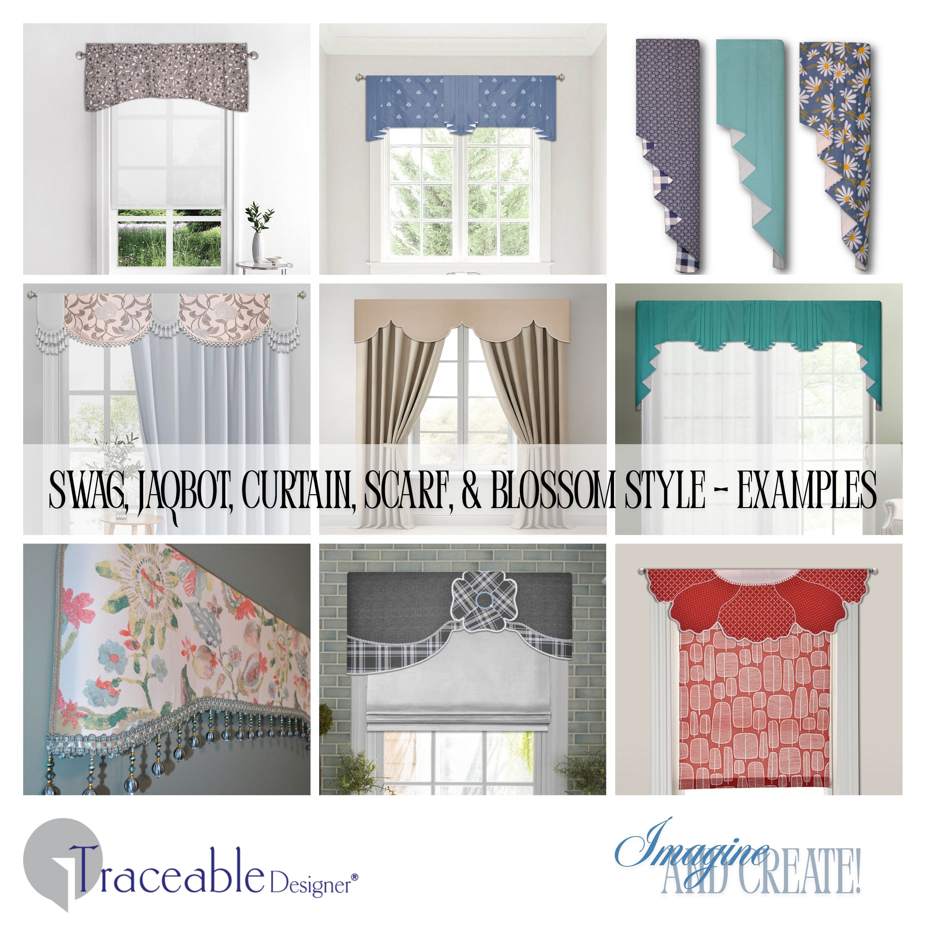 Traceable Designer Deluxe no-sew valance kit. Make custom cornices, lambrequins, pleated swags, short curtains, and scarf valance styles without sewing. Rod pocket styles for curtain rods. Fit all window sizes and styles. No wood board or Styrofoam.
