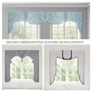 Traceable Designer No-Sew Master Decorator Kit. includes scalloped, arched, straight, and ornate lambrequin valance styles. No sewing needed!