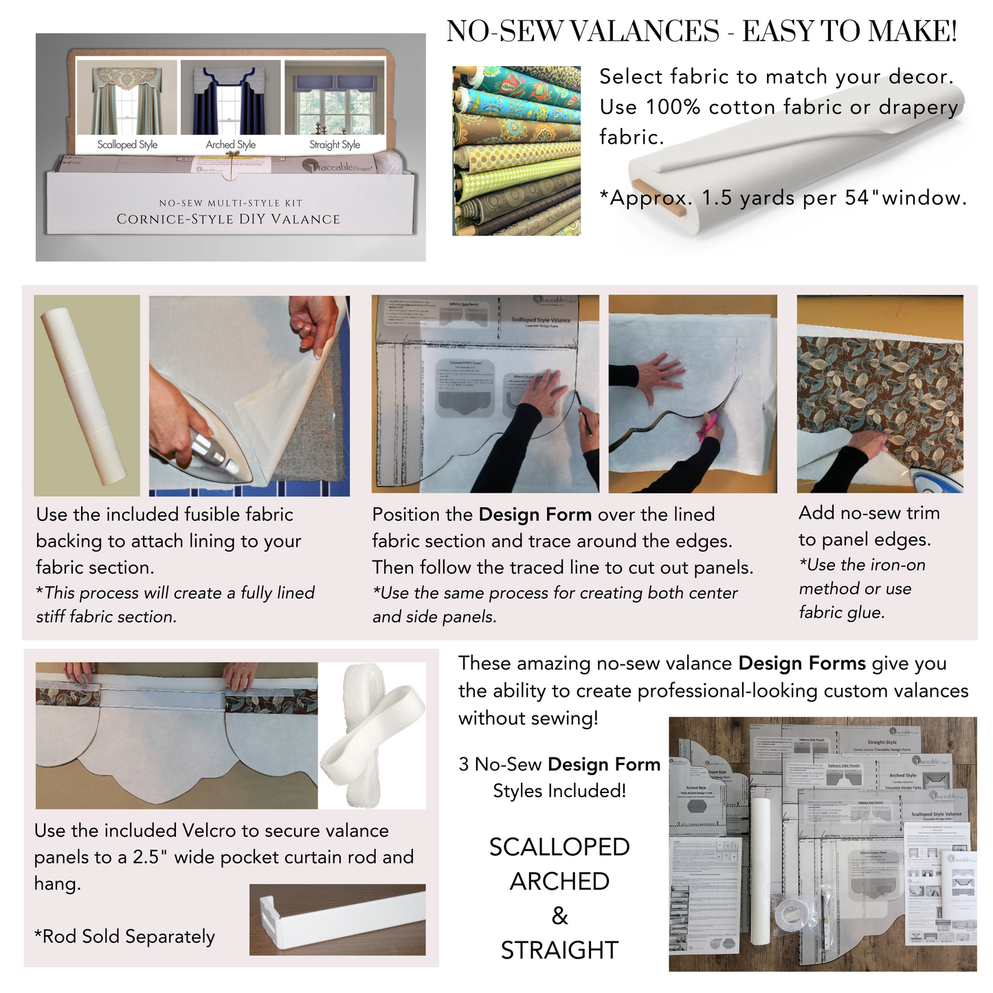 Traceable Designer multi-style no-sew cornice valance kit inlcudes traceable valance design forms used to make custom valances without sewing. Use a 2.5" wide pocket curtain rod.